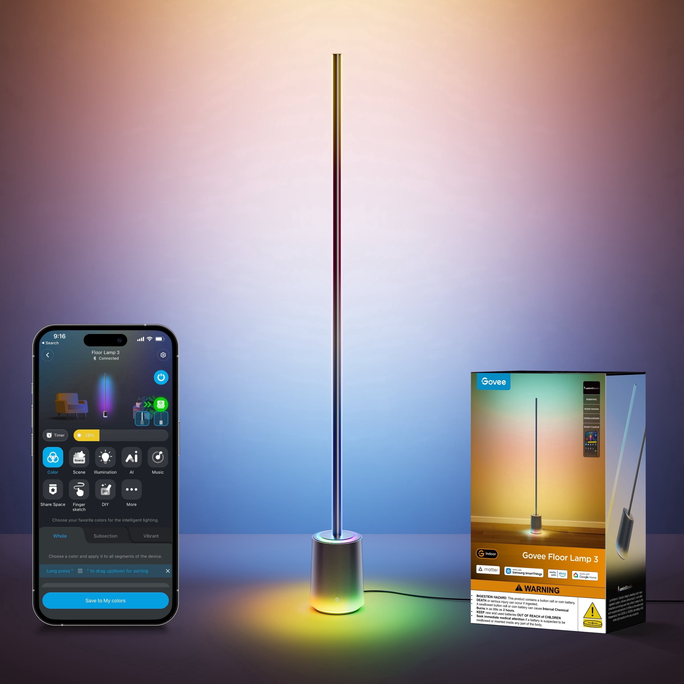 Govee Floor Lamp 3 Smart LED Standing Lamp with LuminBlend+ Technology (RGBIC, 2100lm, 1000K-10000K) 4frsc