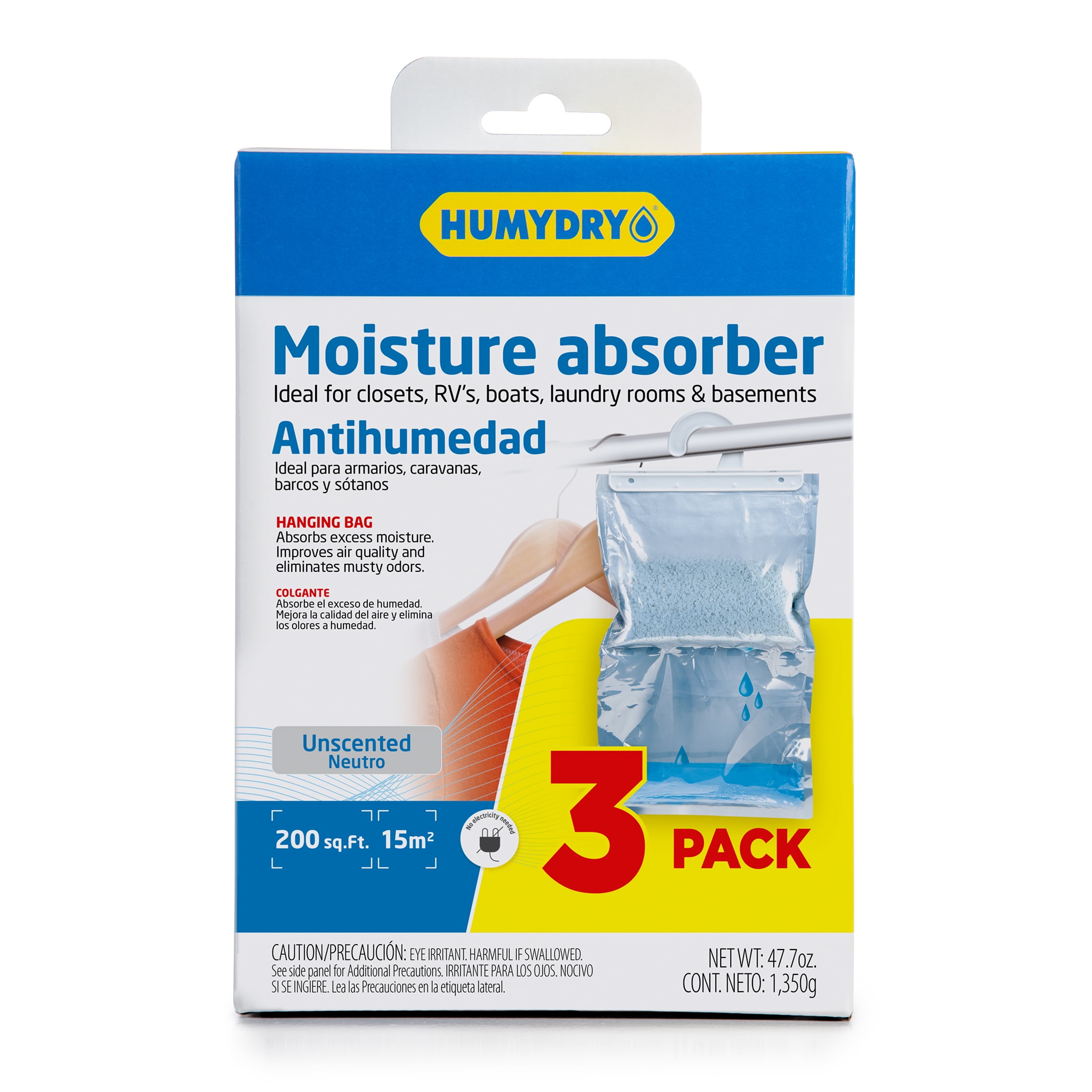 Humydry Moisture Absorber Hanging Bags, Odor Eliminator for Closets, Unscented (2 Pack of 3, 15.9 oz each) 17toa