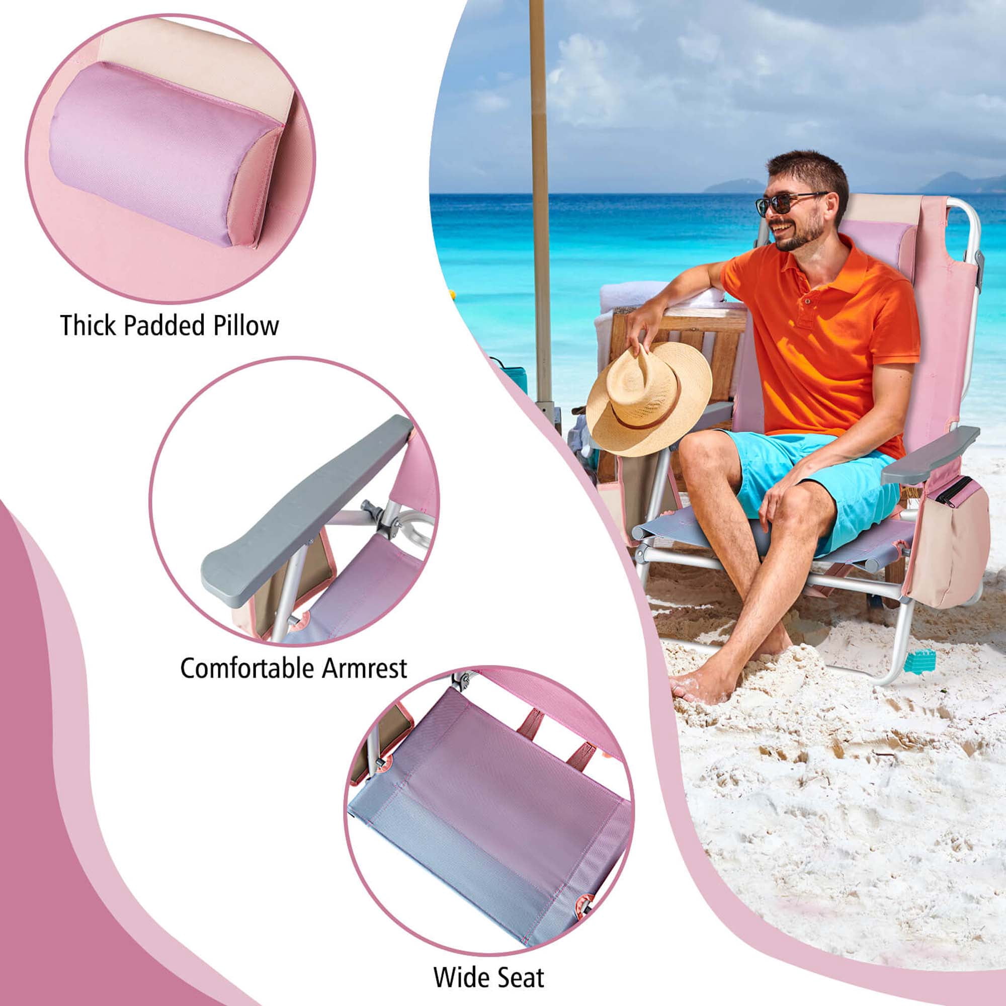 Costway 2-Pack Folding Backpack Beach Chair and Table Set with 5-Position Reclining (Pink) yajnw