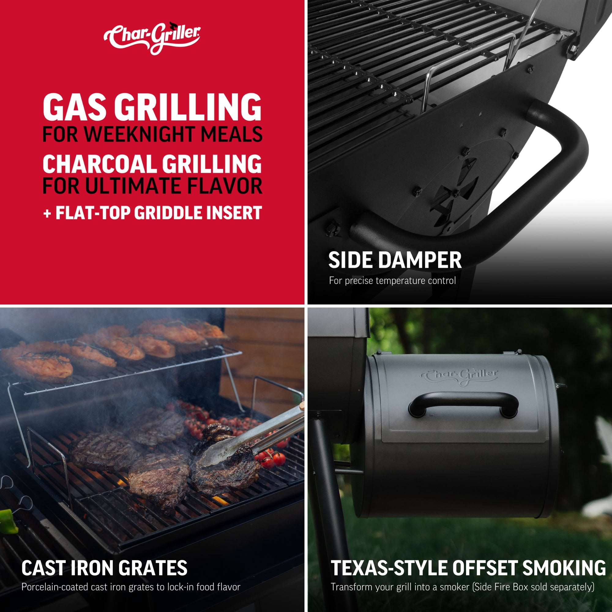 Char-Griller Flex Fuel Plus Gas and Charcoal Grill, Griddle and Smoker (Black, 1260 sq in) 2h6kx