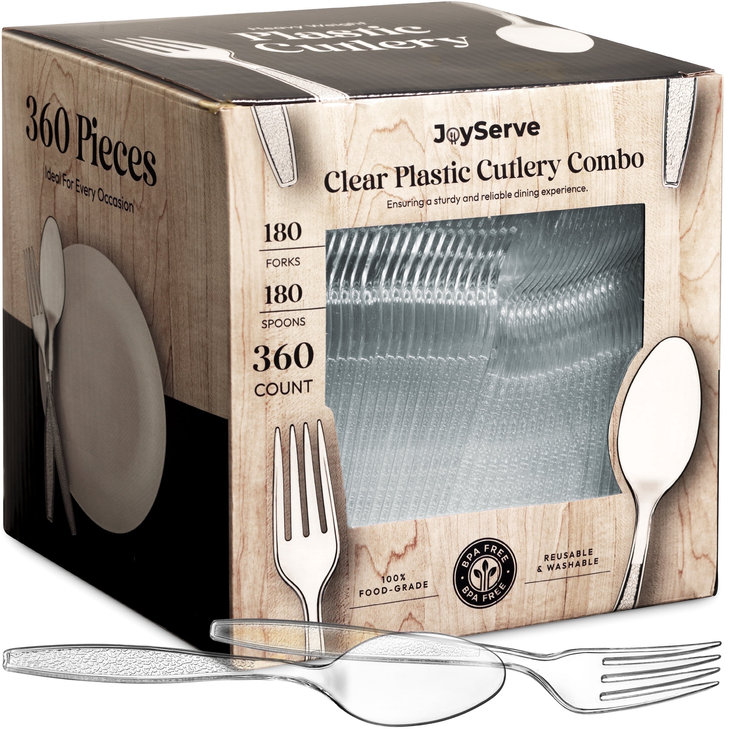 JoyServe Disposable Plastic Utensils Set, Heavy-Duty Forks and Spoons for Catering and Parties (Clear, 360 Pack) wfojf