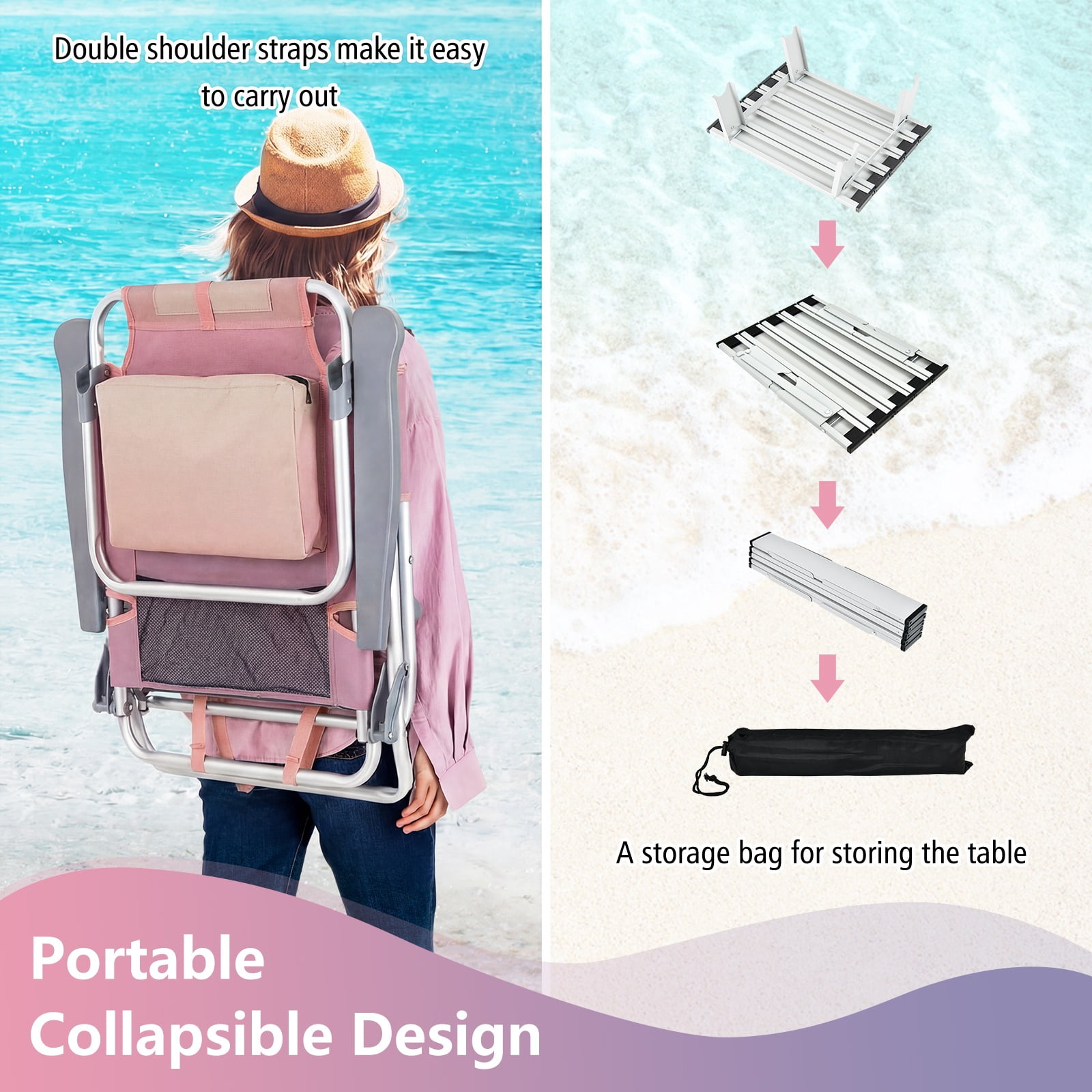 Gymax 3-Piece Outdoor Camping Set, 2 Folding Beach Chairs & Portable Aluminum Side Table, 5-Level Adjustable Backrest (Pink) mruq7