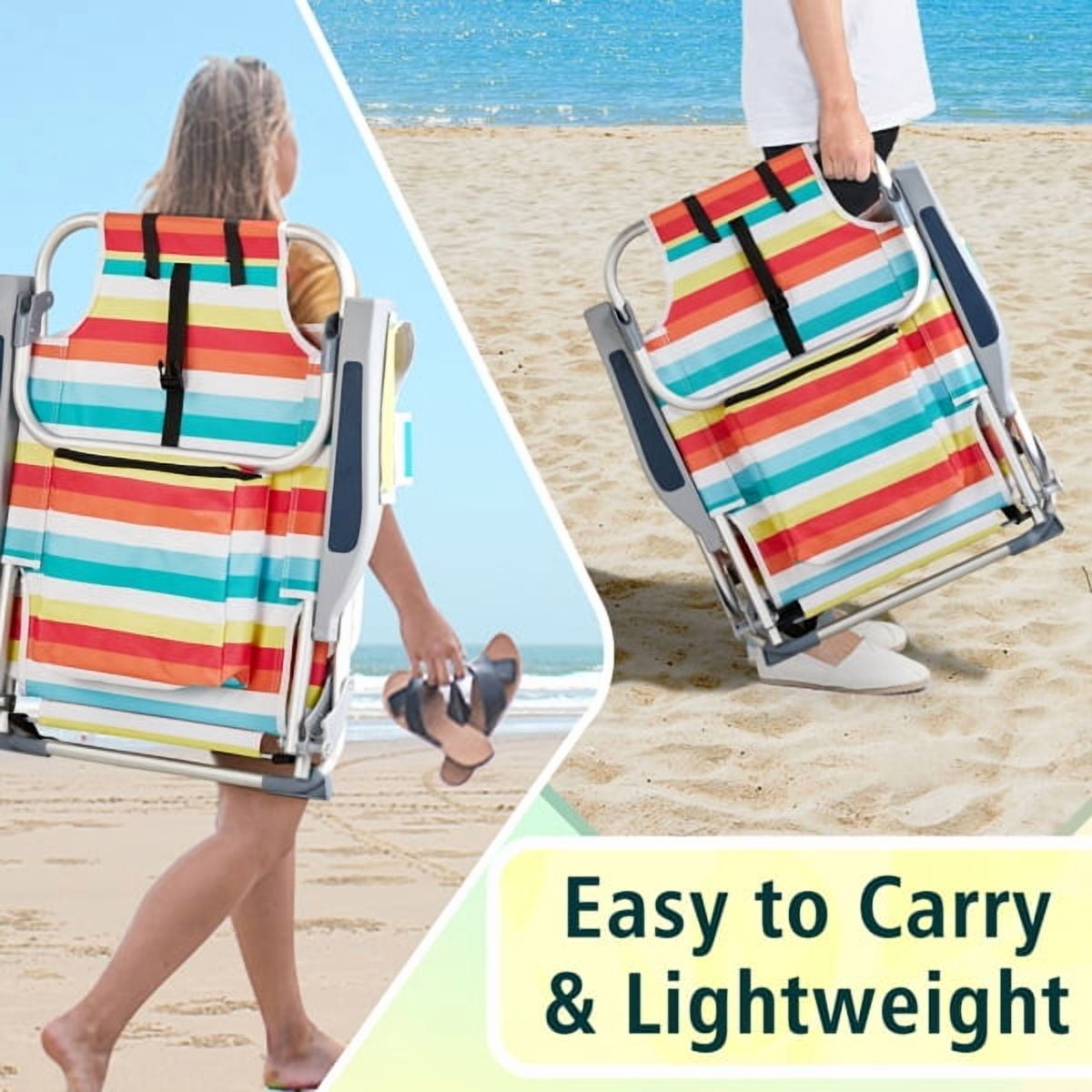 AsterOutdoor Folding Beach Chair with Adjustable Backrest and Cup Holder (Rainbow Stripes, 220 lb Capacity) d2h9m