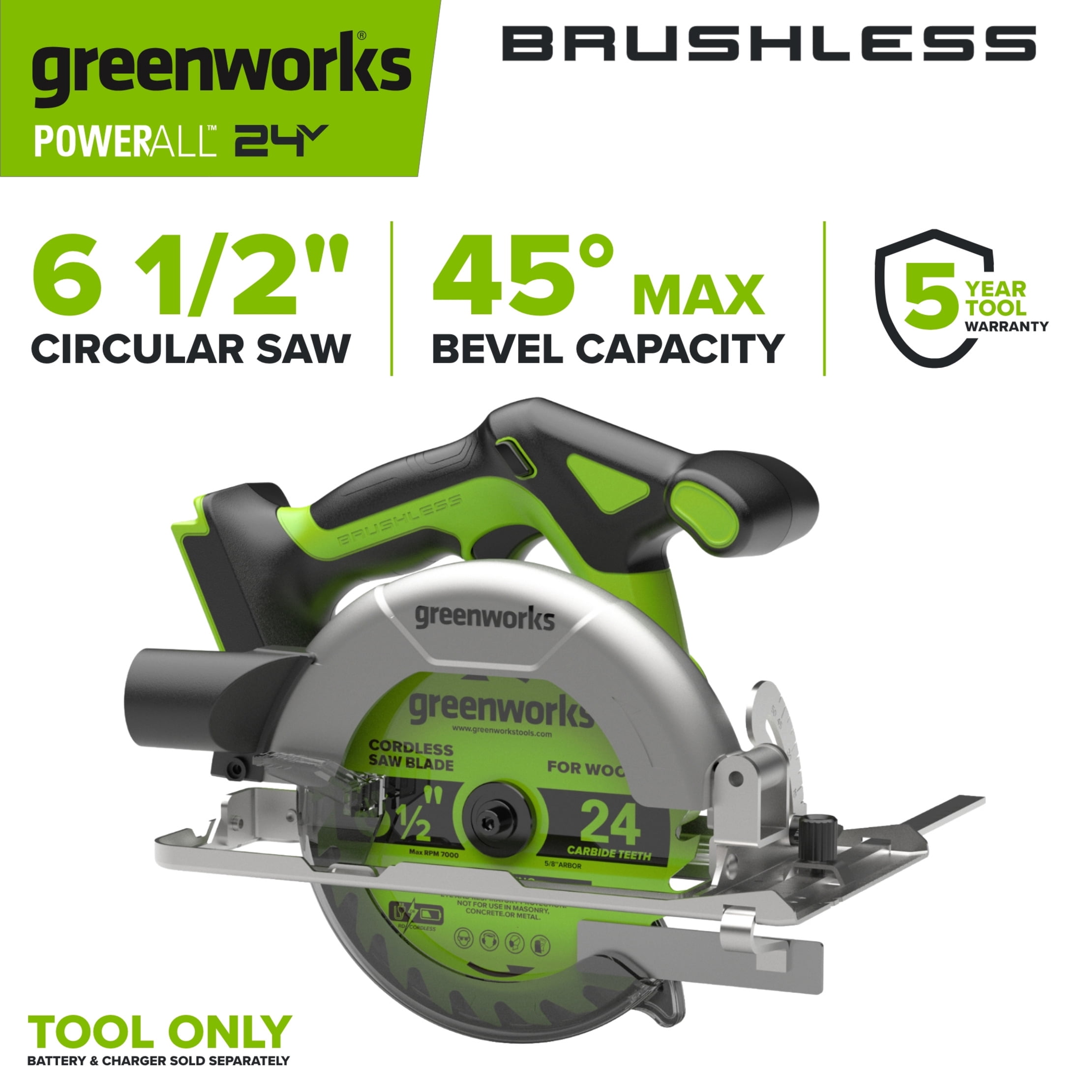 Greenworks PowerAll 24V Brushless 6-1/2 in Circular Saw (5000 RPM, Tool Only) dwp7v