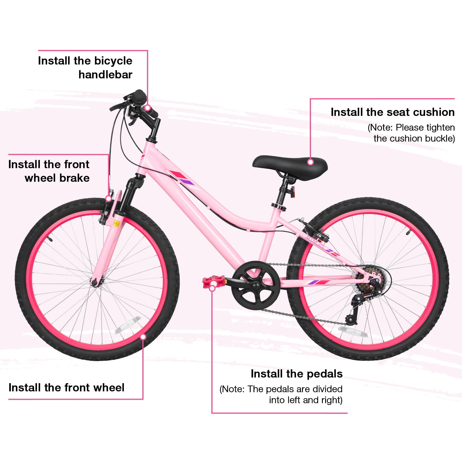 Hykolity Kids Mountain Bike, 24 in 7-Speed Girls Bicycle with Front Suspension (Pink, 24 in) 87vnz
