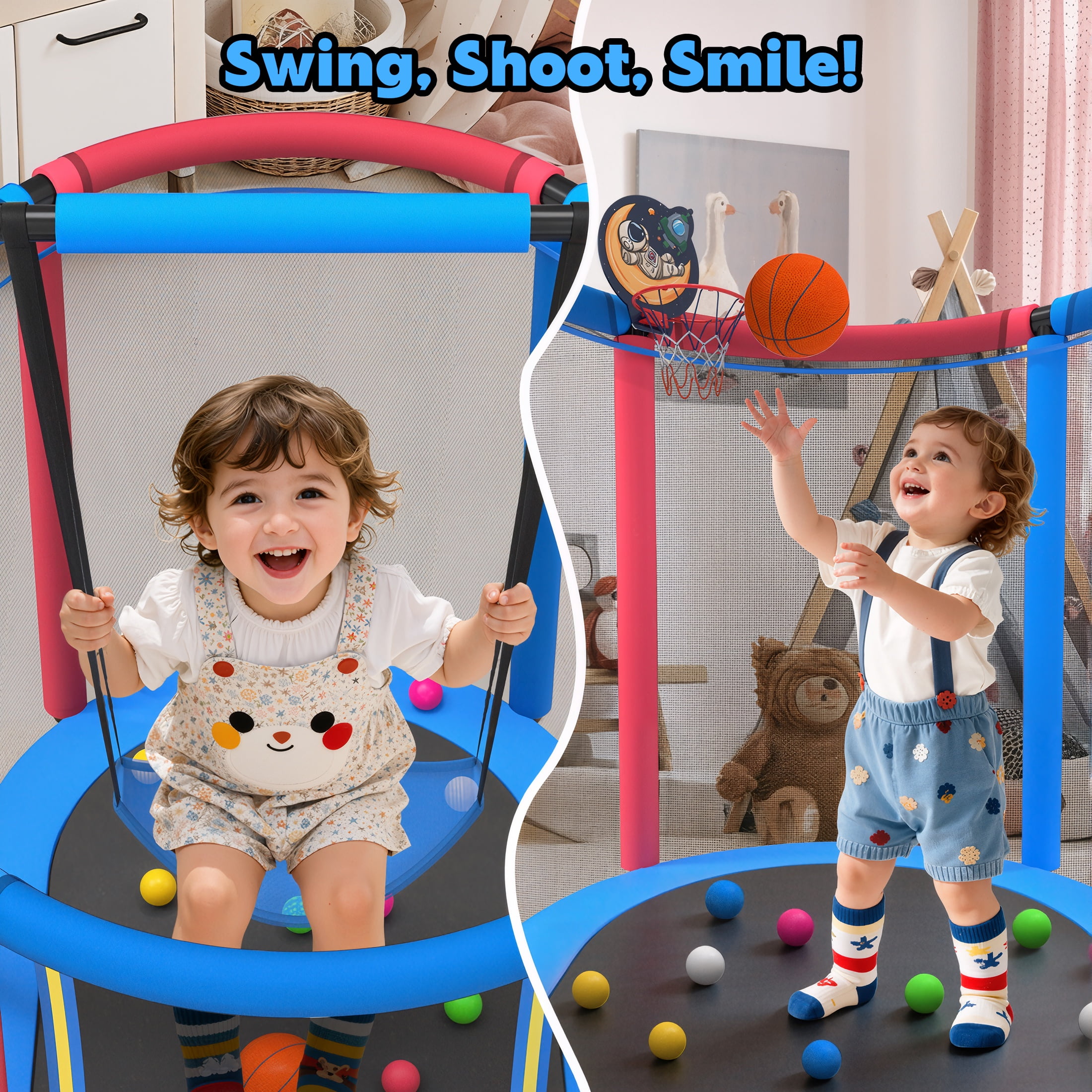 Segmart Kids Trampoline with Safety Enclosure, Basketball Hoop, Swing, and Gymnastic Rings (Blue, 60 in) zgj3e