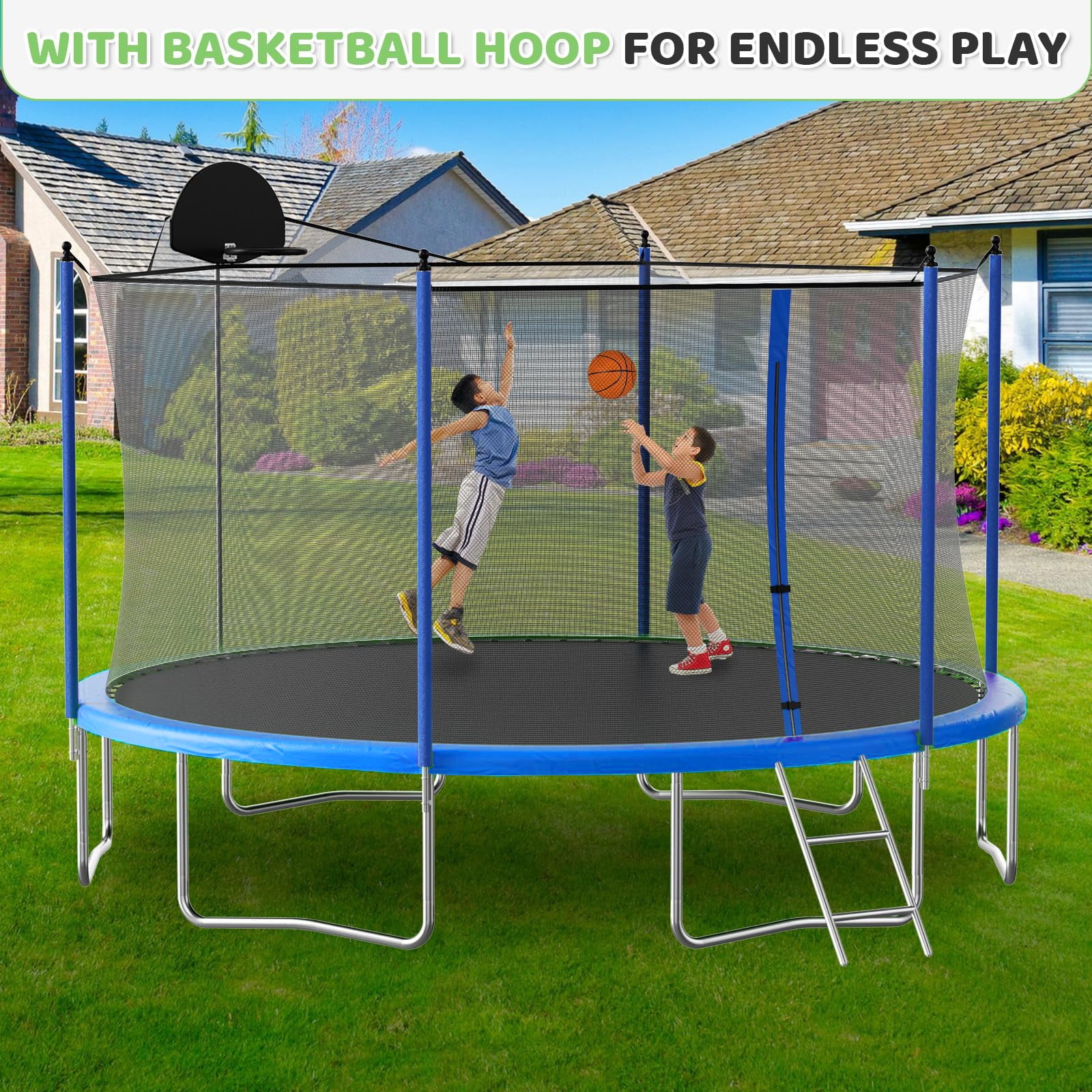 LIZEVINC 12 ft Round Outdoor Recreational Trampoline with Enclosure Net, Basketball Hoop and Ladder (12 ft) mgs95