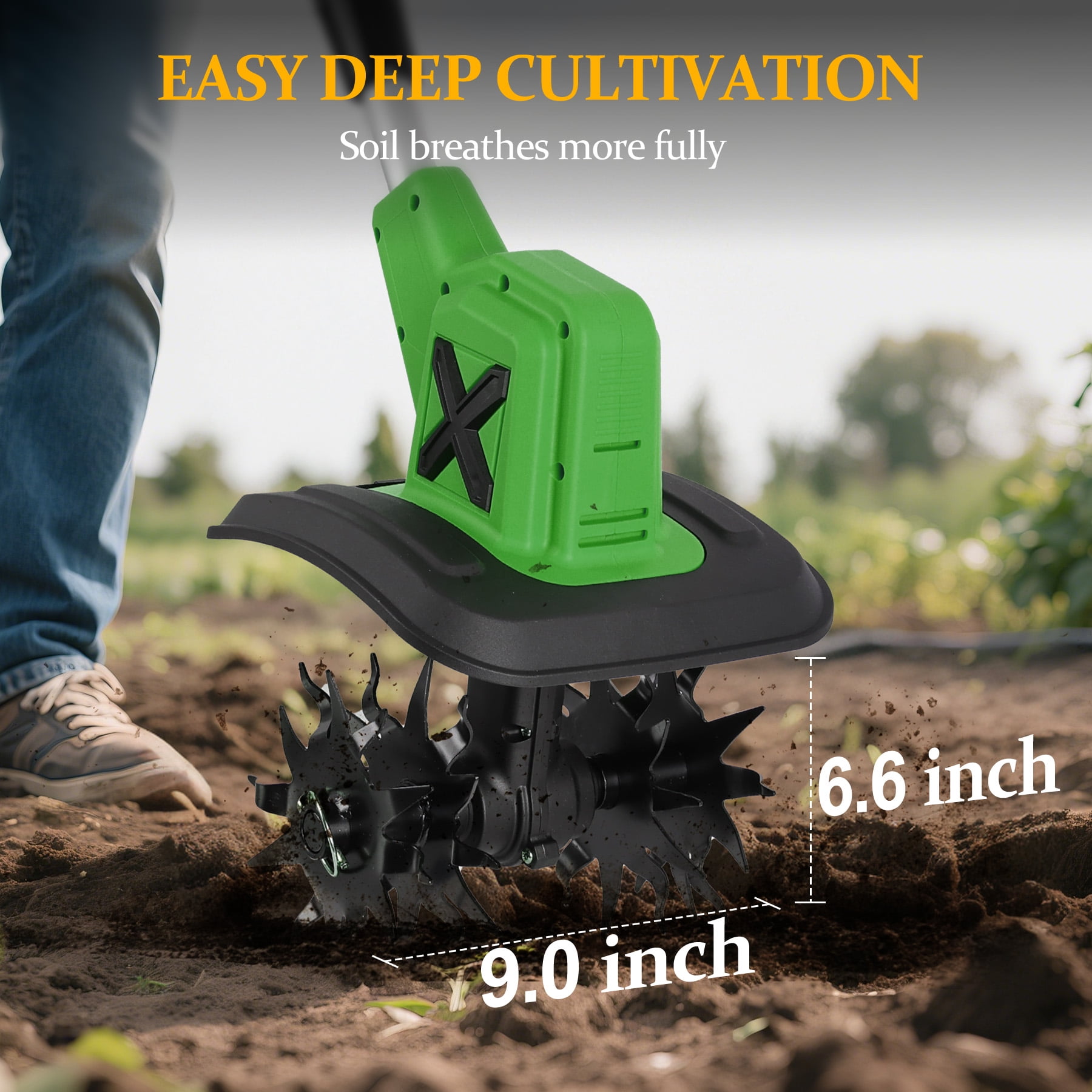 HUSGW 21V Cordless Electric Garden Tiller Cultivator (9 in Tilling Width, 2 Batteries) 85036