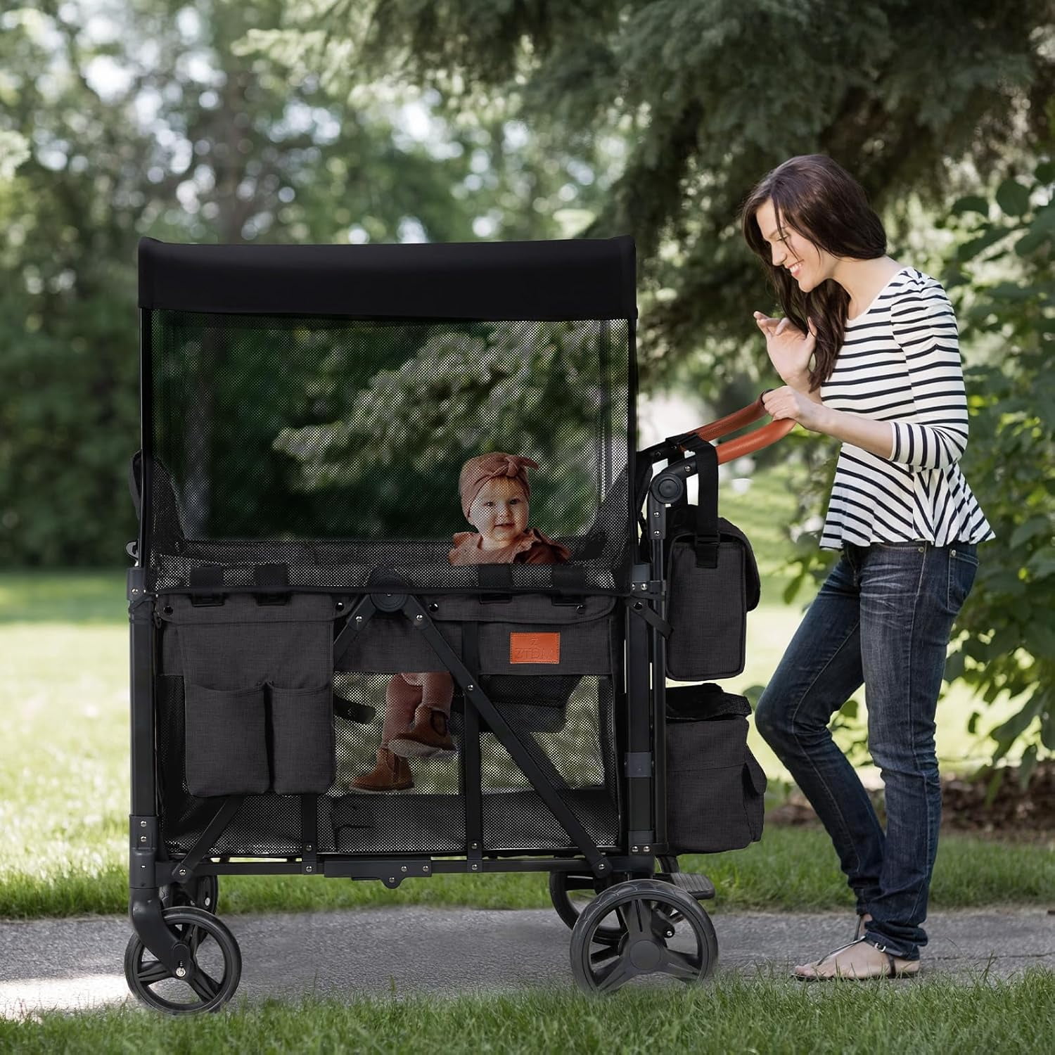 UBesGoo Foldable Wagon Stroller for 2 Kids, All-Terrain Push Wagon with Removable Canopy and Adjustable Handlebar (Black, 200 lb Capacity) tir3b