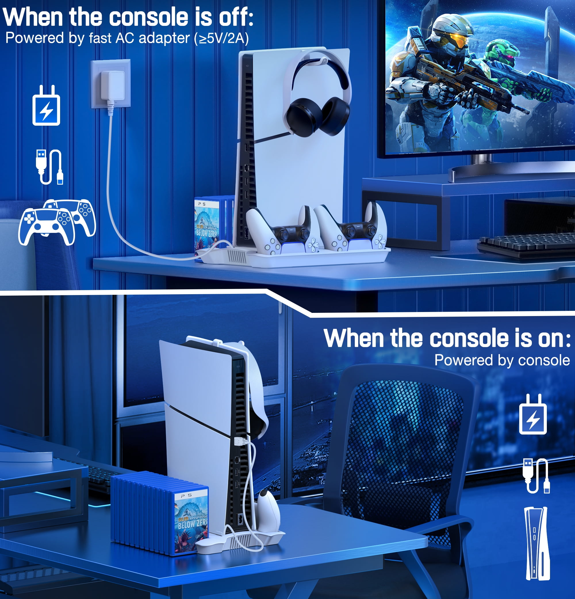 Beboncool PS5 Cooling Stand with Dual Controller Charger and Game Storage (White, 1 Pack) 3icr3