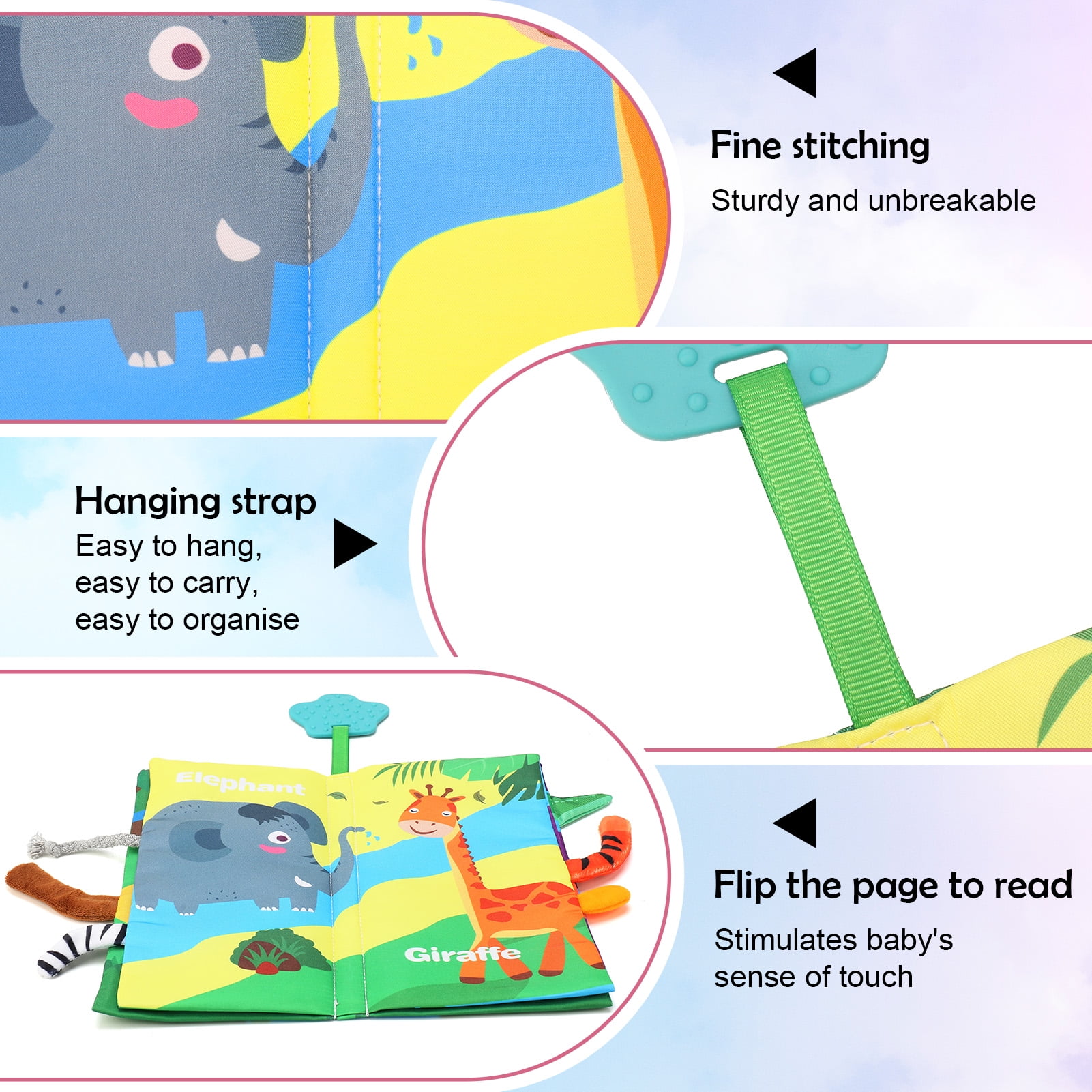 sixwipe Soft Cloth Baby Books Sensory Activity Set with Teething Ring (Multicolor, 2 Pack) uovme