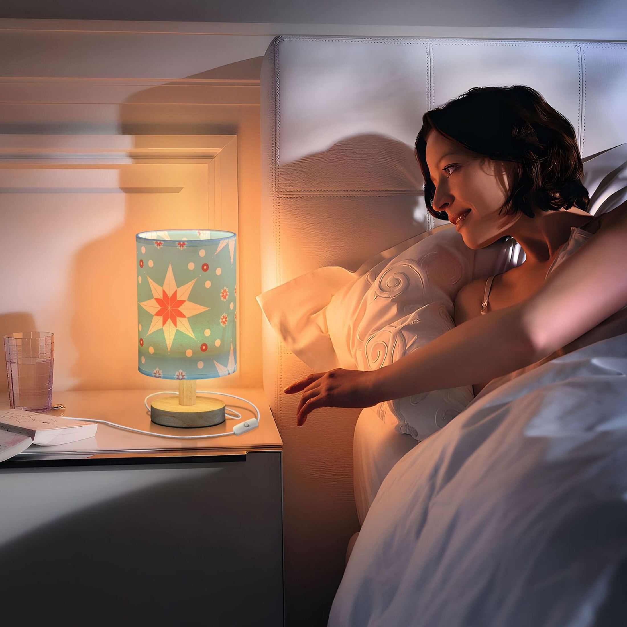 Goojoo Floral Table Lamp USB Powered Bedside Desk Light with Wood Base (Blue, 9.7 in) i038q