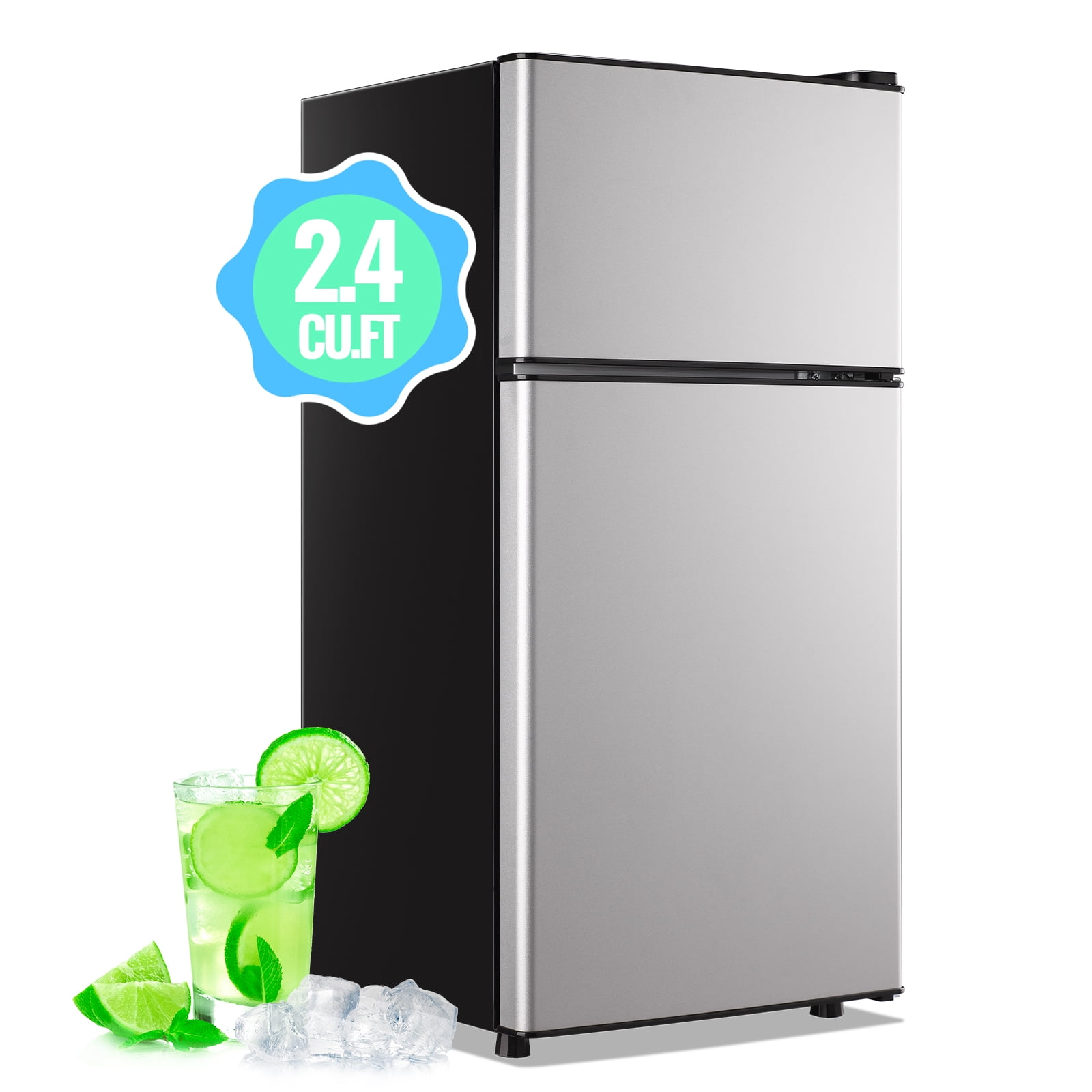 DEMULLER 2.4 Cu.ft Mini Refrigerator with Freezer, Dual Door Compact Fridge for Dorm Office (Silver, 2.4 Cu.ft) pnqxf