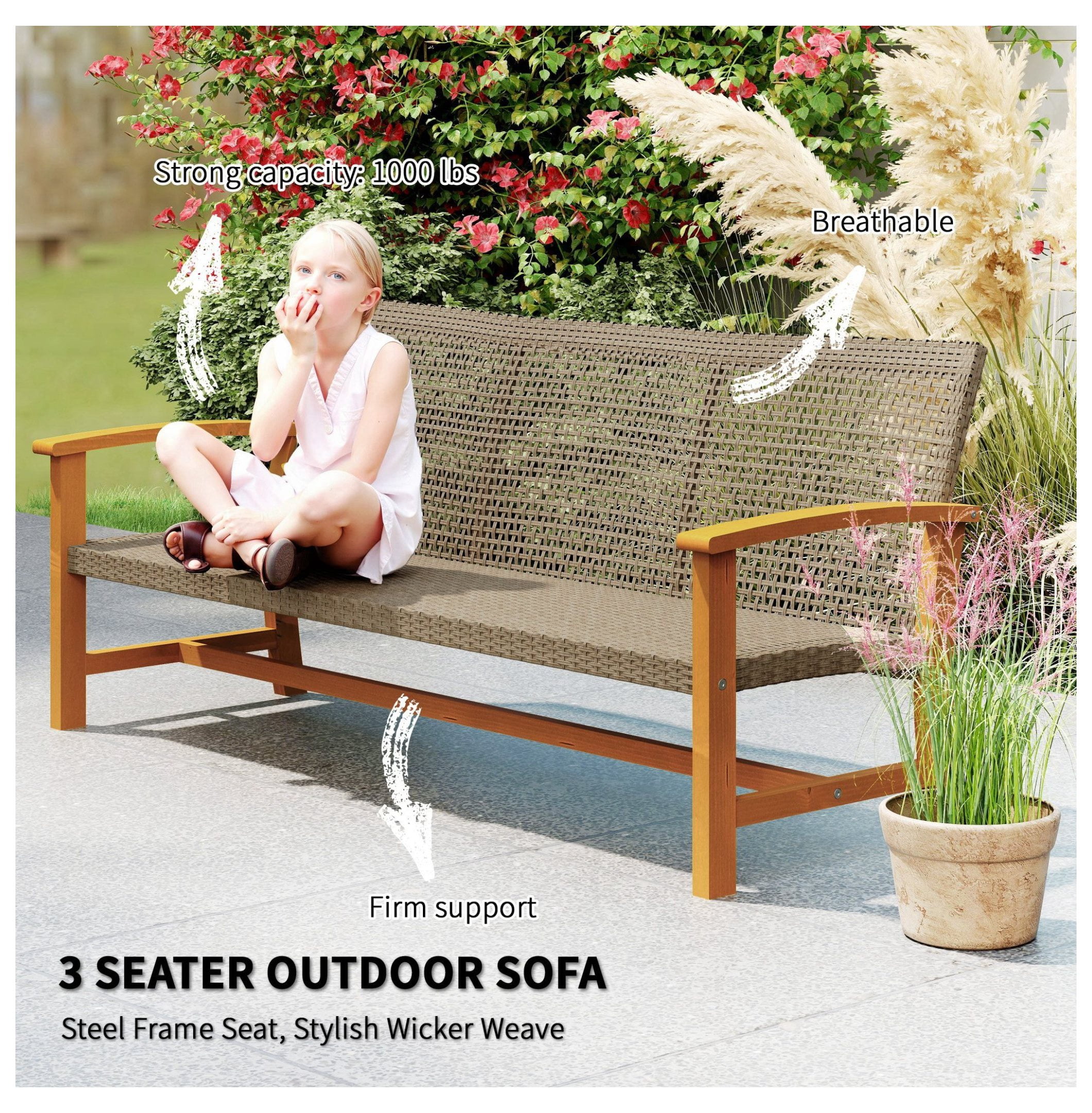 TeuheJ 3-Seat Wicker Outdoor Sofa, All-Weather Patio Couch with Acacia Wood Accents (Brown, 1000 lb Capacity) ee5pg