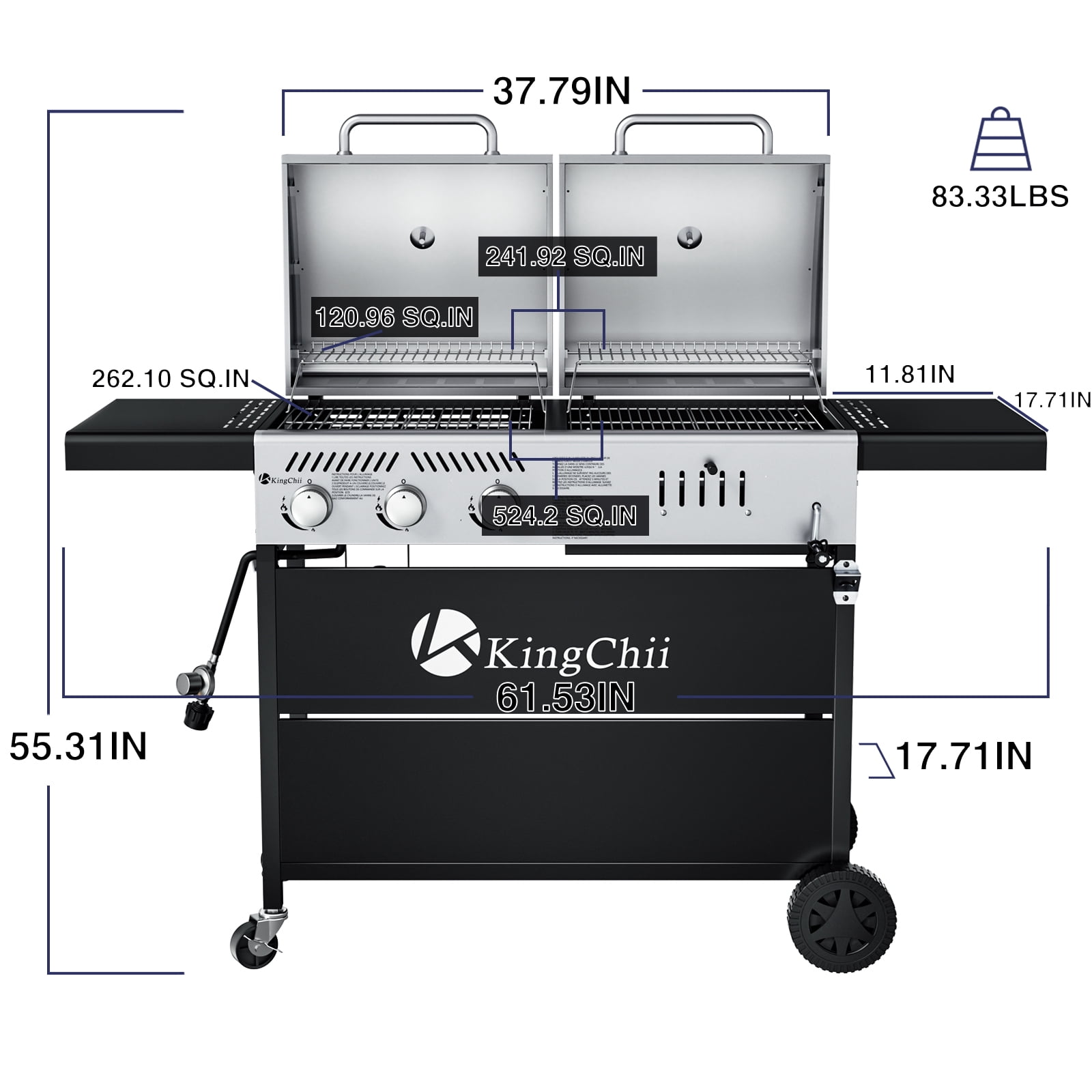 KingChii Gas and Charcoal Grill Combo, Dual Fuel 3-Burner BBQ Smoker with Side Burner (Black and Silver, 61 in L x 38.6 in H x 22.4 in W) 9qf5s