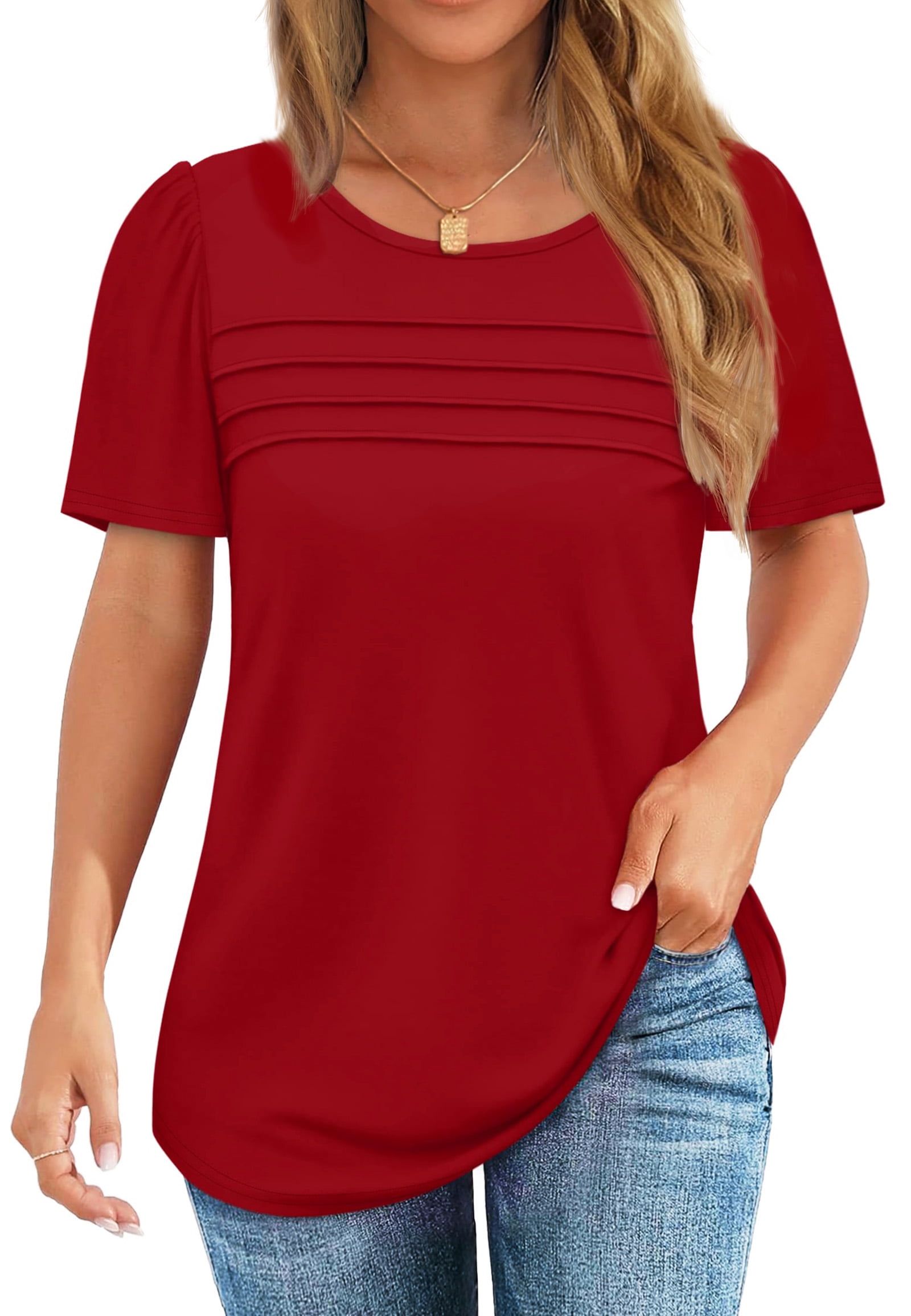 Fantaslook Women's Dressy Casual Tunic Top Short Sleeve Pleated Crew Neck Shirt (Red, L) dv9ty
