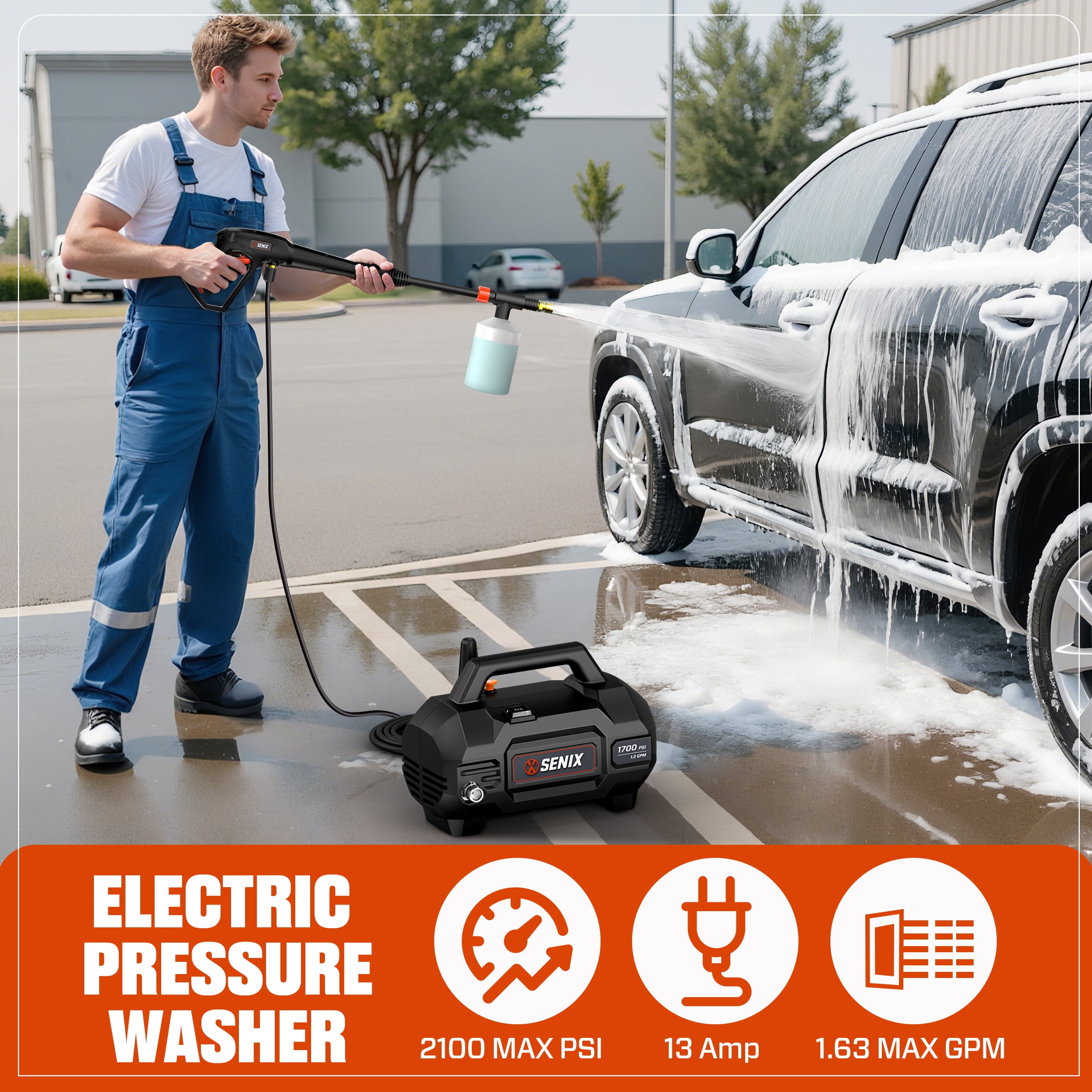 Senix Electric Pressure Washer with Foam Cannon and Turbo Nozzle (2100 PSI, 1.63 GPM) xt5ey