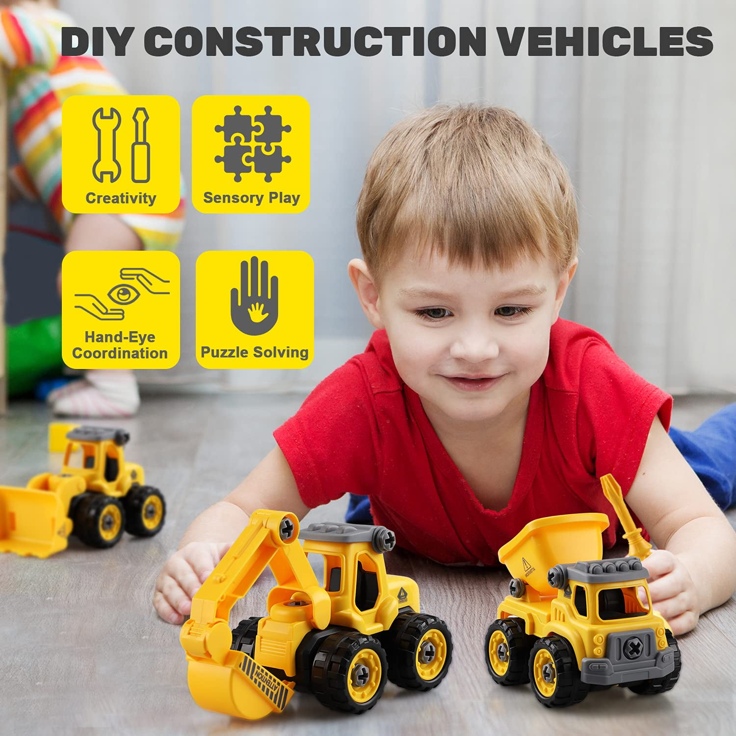 Toy Life Construction Vehicle Building Set, STEM Educational Toy for Kids (Yellow, 3 Count) ph9bv