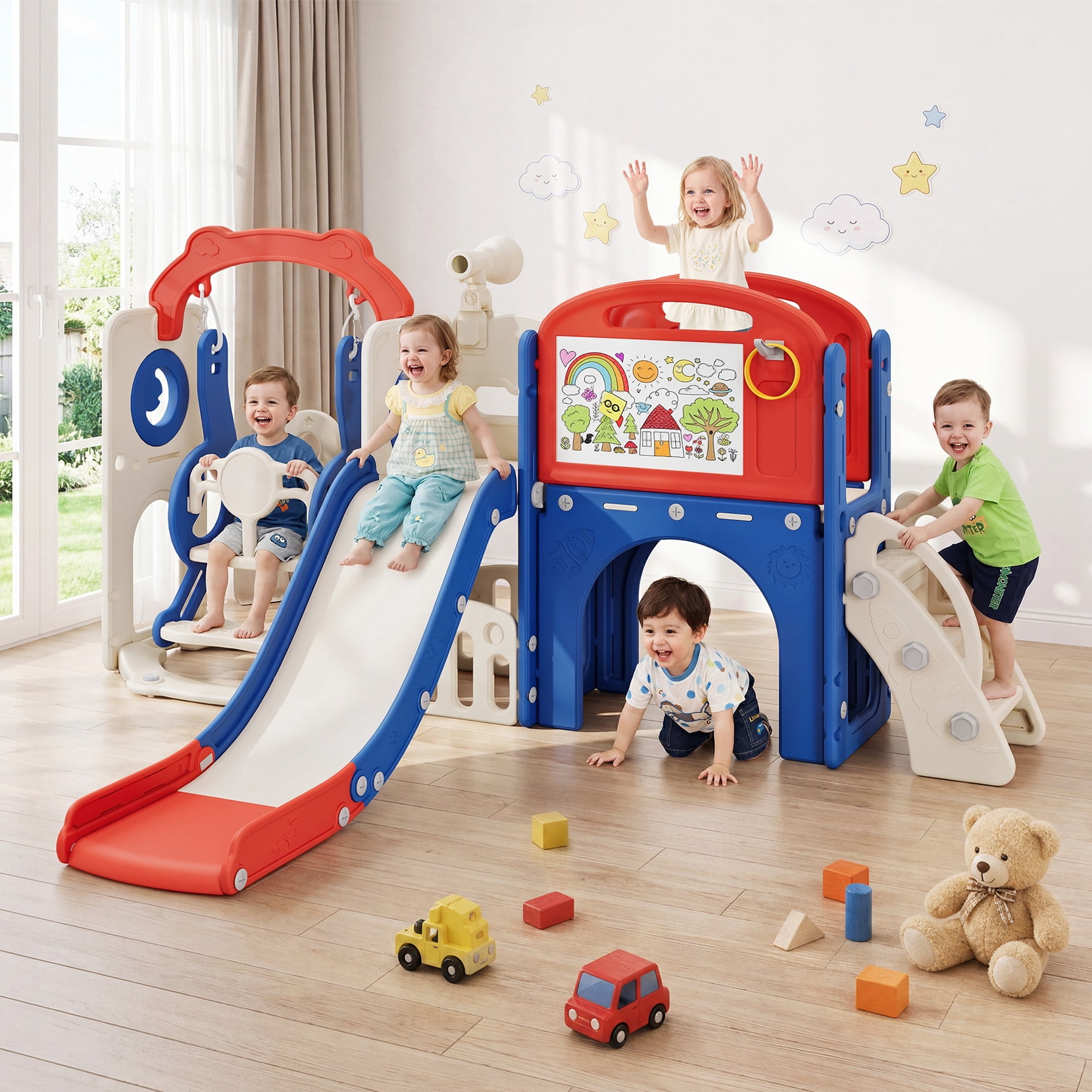 Bobiber 11-in-1 Toddler Playground Slide and Activity Center (Blue/Red, 1 Unit) gxwhr