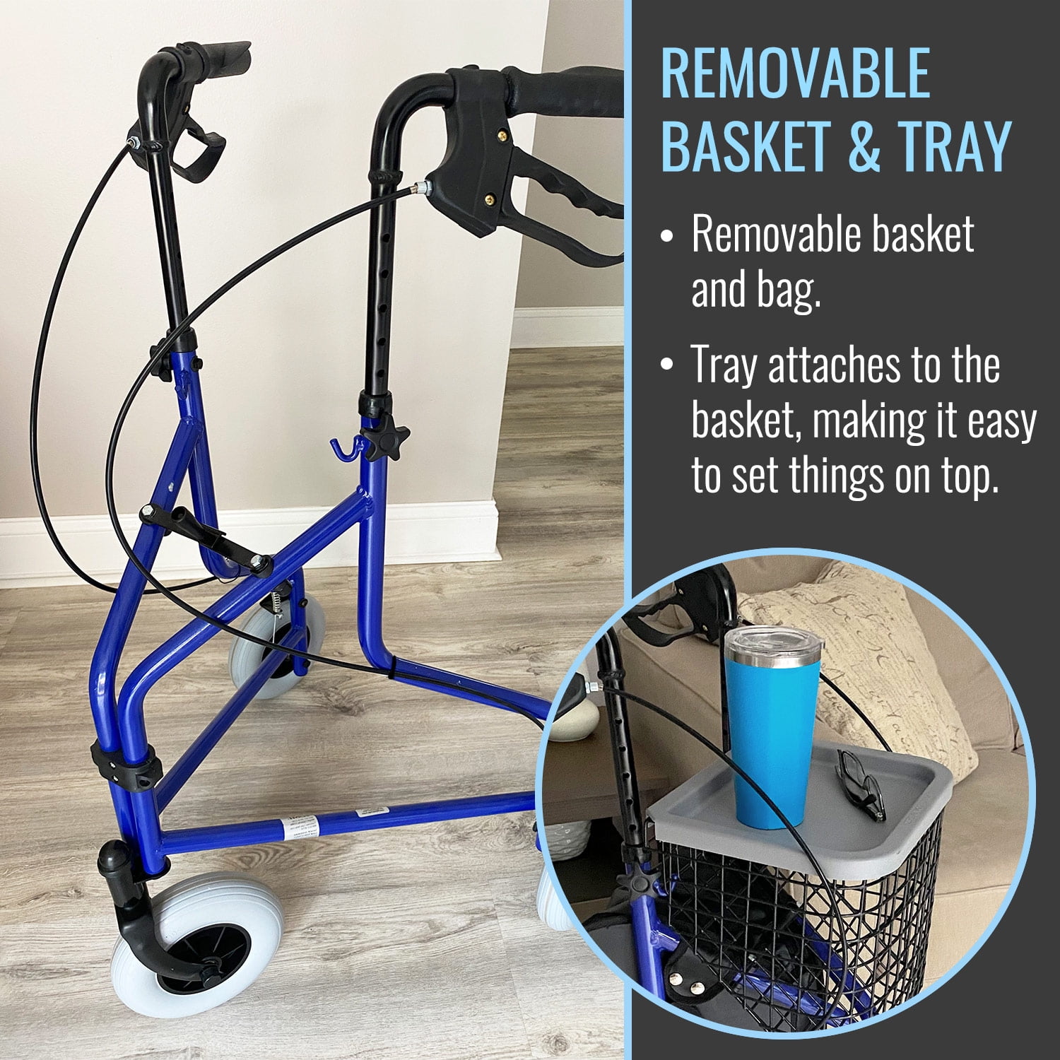 DMI 3-Wheel Folding Rollator Walker with Swiveling Front Wheels and Storage Tray (Royal Blue, 15 lb) 71o5n
