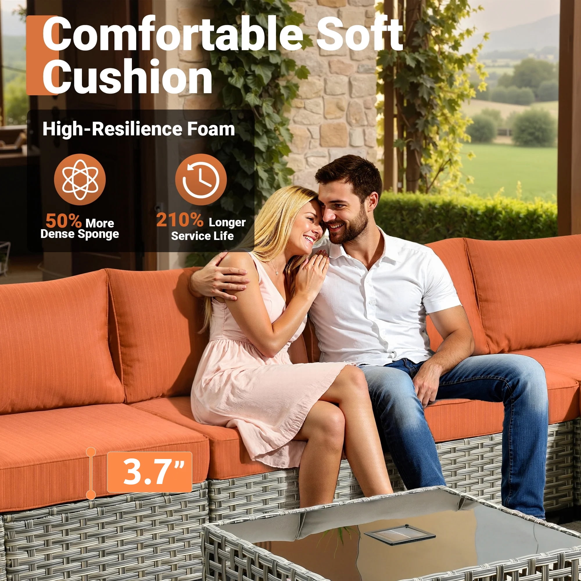 VCATNET 8-Piece Outdoor Patio Furniture Sectional Sofa Set with Solar Powered Coffee Table (Orange, 8-Piece Set) h5otd