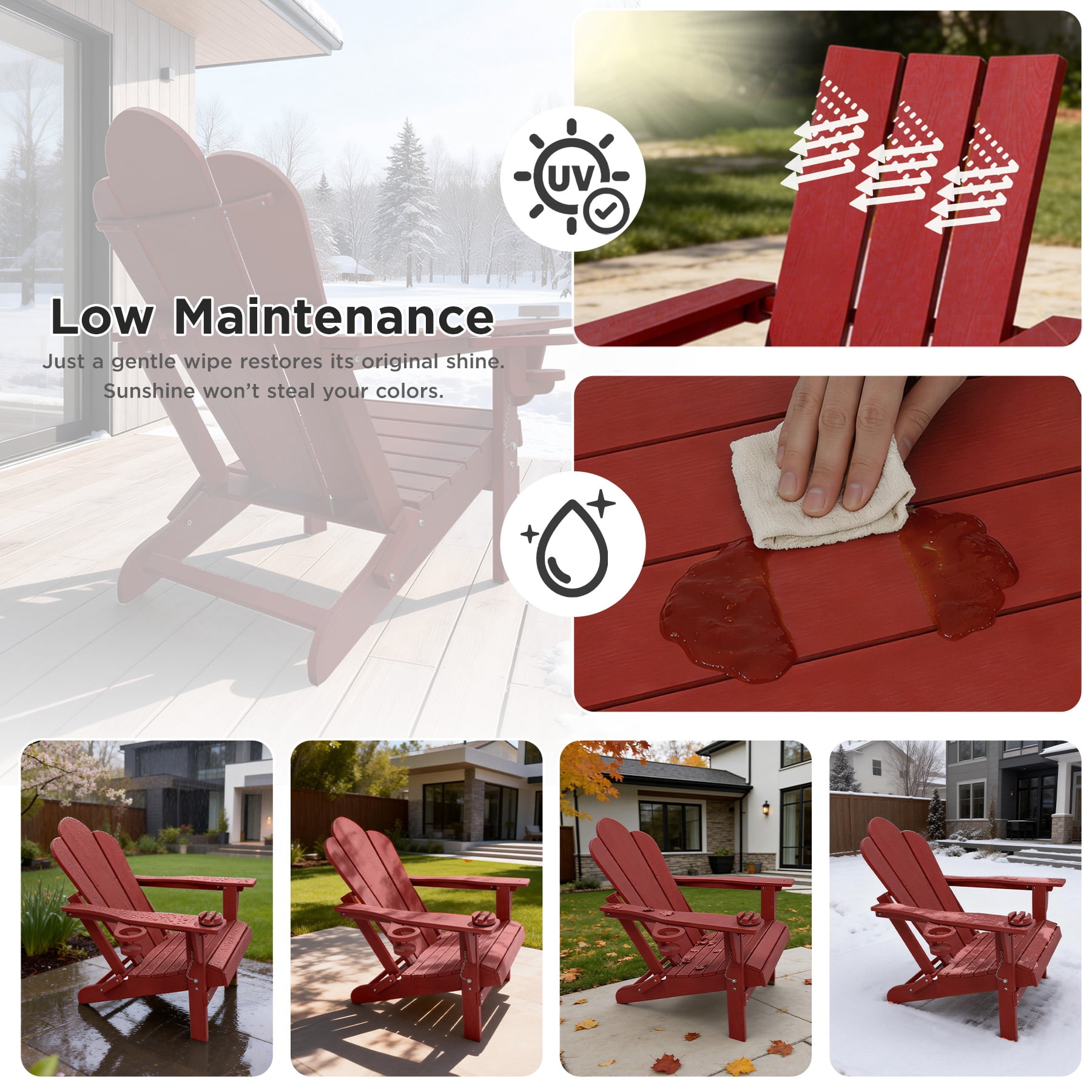 Tappio Folding Adirondack Chair All-Weather HDPE Outdoor Patio Chair with 3-Position Adjustable Backrest and Device Holder (Red) ttu2p