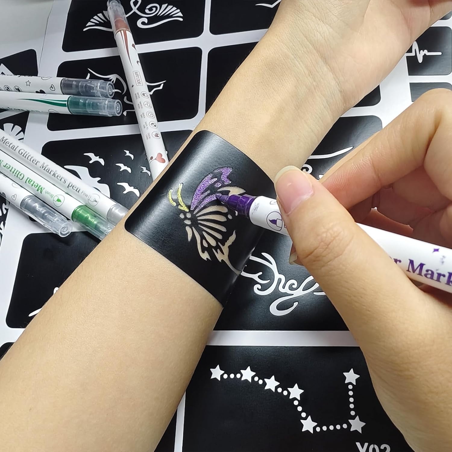 Bexikou Temporary Tattoo Pens and Stencils Kit for Body Art (Multi-Color, 10 Pack) 9xs77
