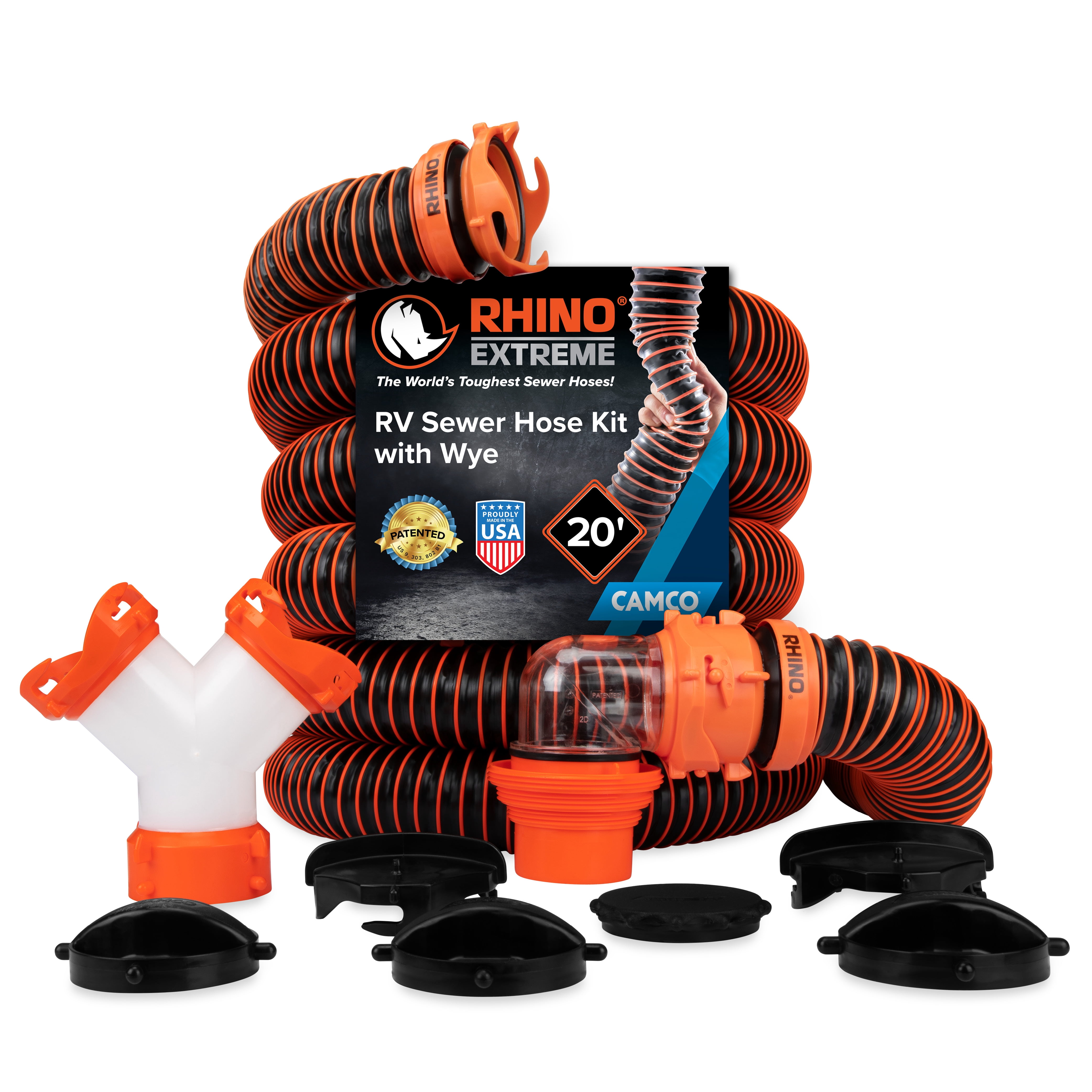 Camco RhinoEXTREME Sewer Hose Kit with 360 Degree Swivel Wye Fitting (Orange, 20 ft) idkz0