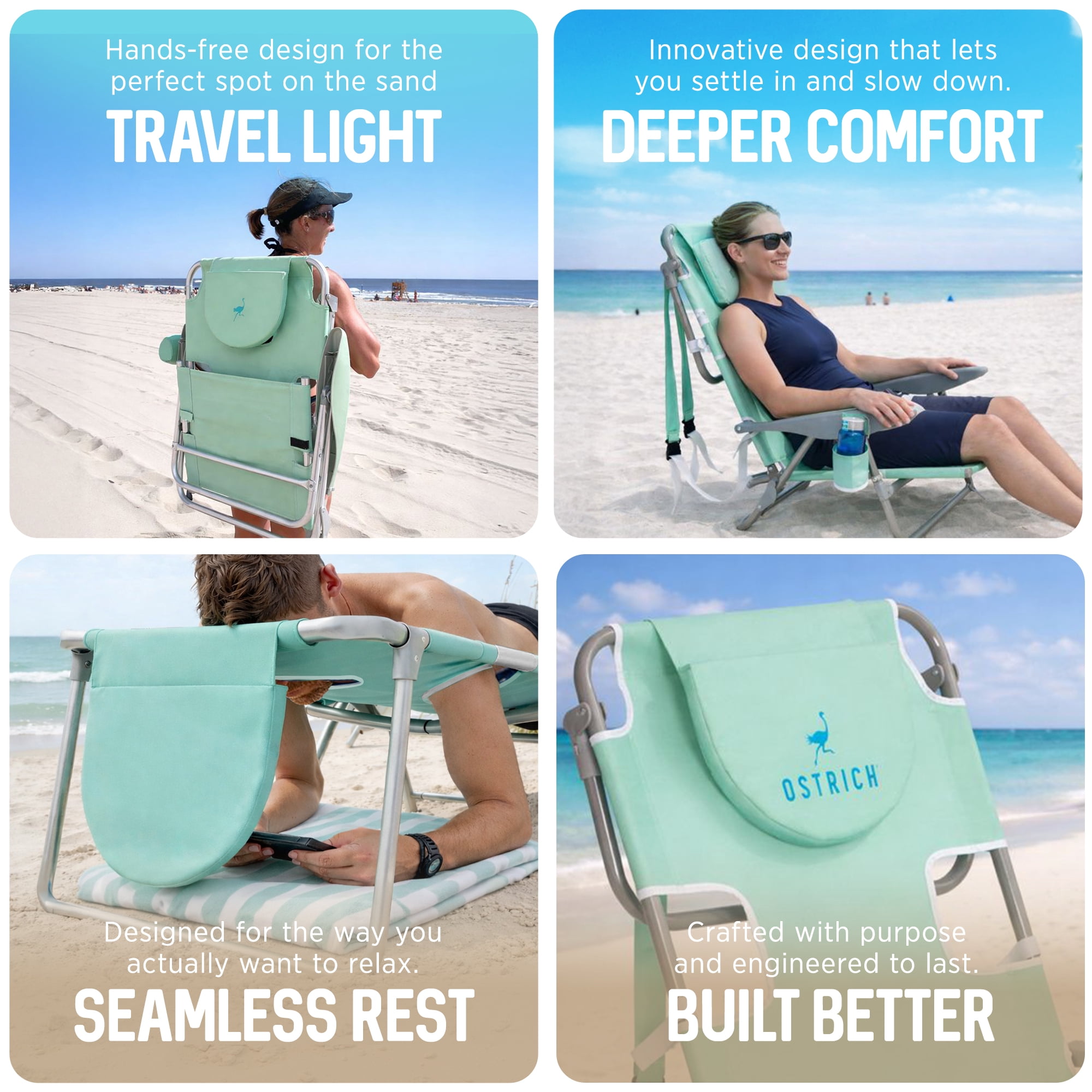 Ostrich On-Your-Back Outdoor Reclining Beach Chair with Face Cavity (Teal, 46 in x 27 in) q99kn