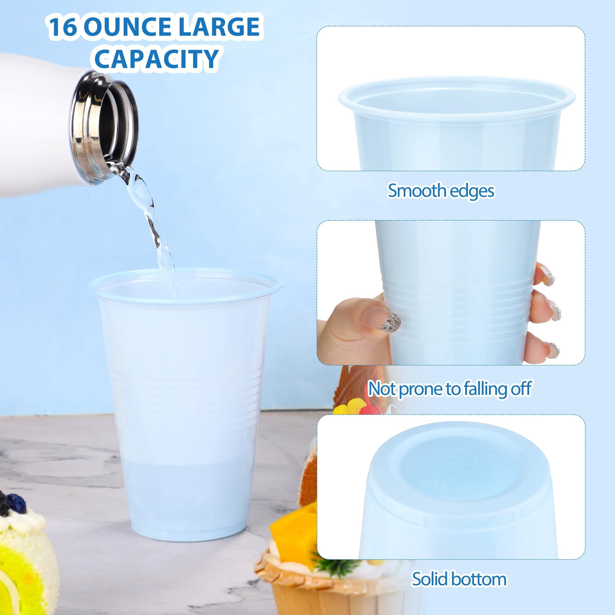 TURSTIN Disposable Plastic Party Cups, Sturdy Drinkware for Weddings and Birthdays (Light Blue, 50 Pack, 16 oz) ygphx