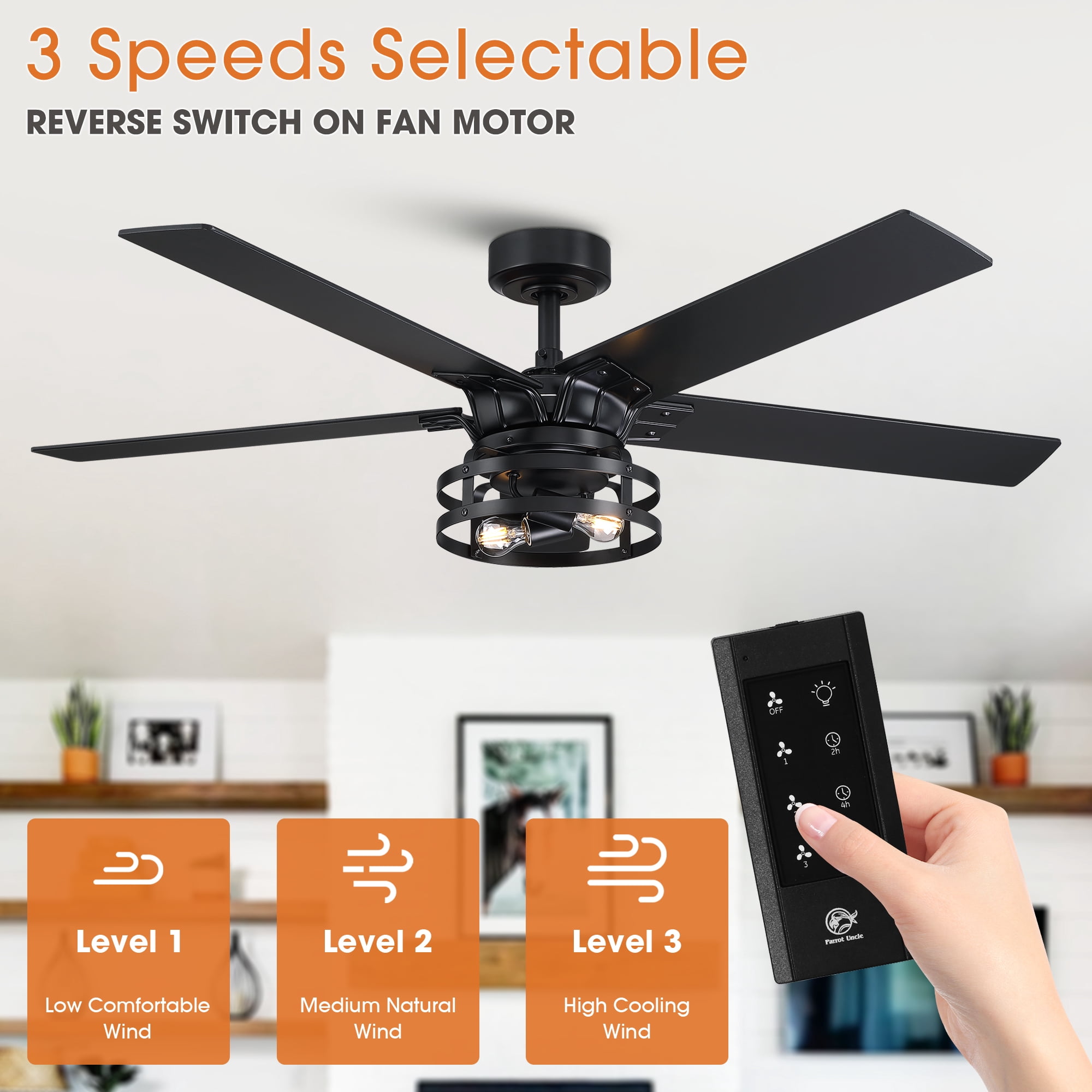 Parrot Uncle 52 in Farmhouse Caged Ceiling Fan with Remote and Light Kit (Black and Cherry, 52 in) lfe88