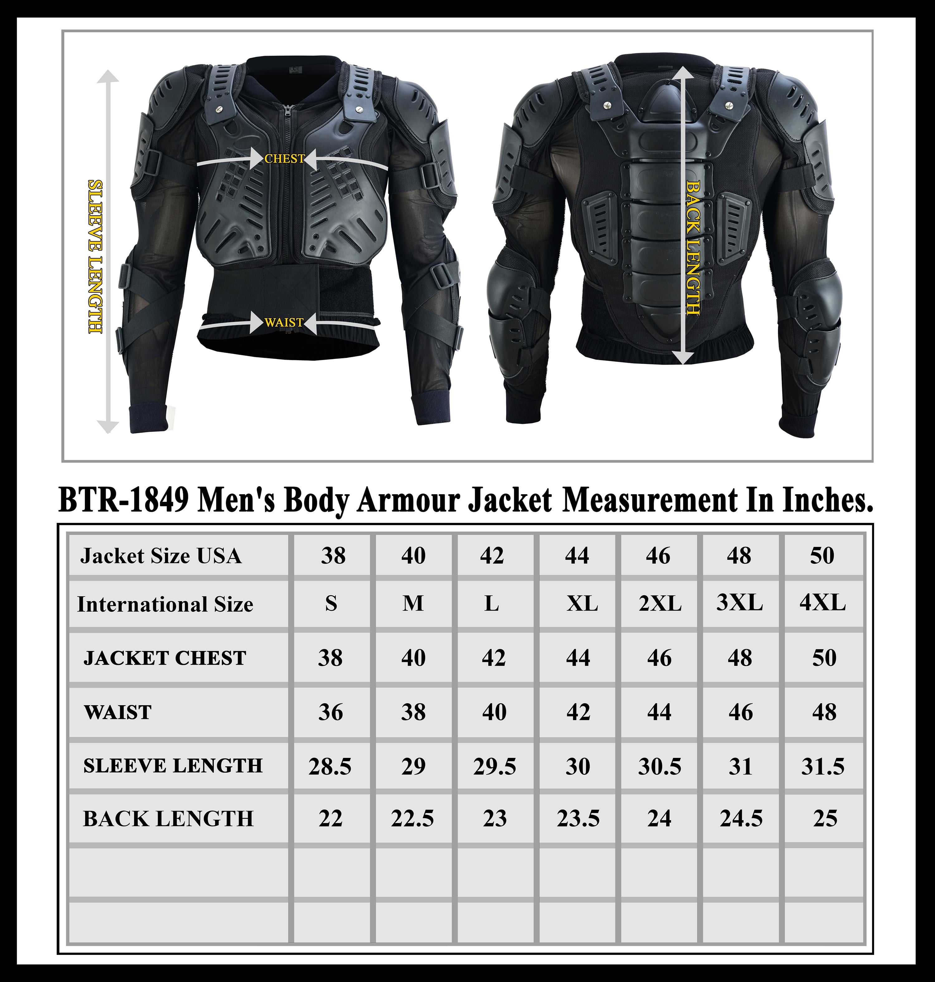 BTR Born To Race Motorcycle Body Armor Jacket Off Road Dirt Bike Chest and Spine Protection (Black, 40 in) tm64f