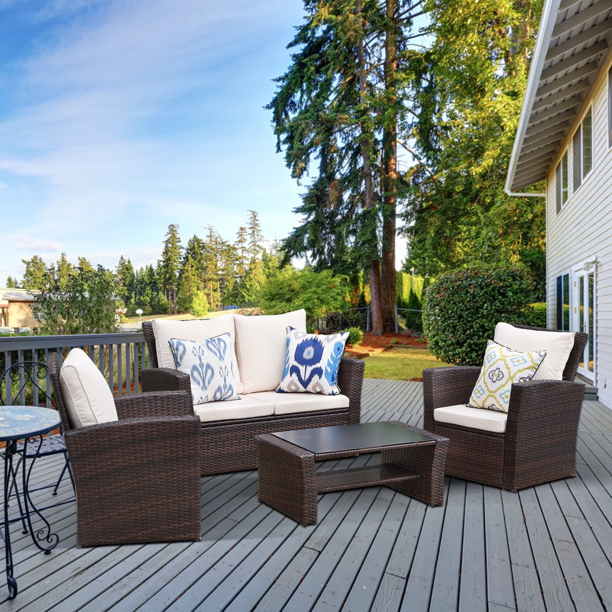 Cozy Home 4-Piece Rattan Outdoor Patio Furniture Set, Wicker Conversation Sofa and Coffee Table (Brown, 4-Piece Set) blo4v