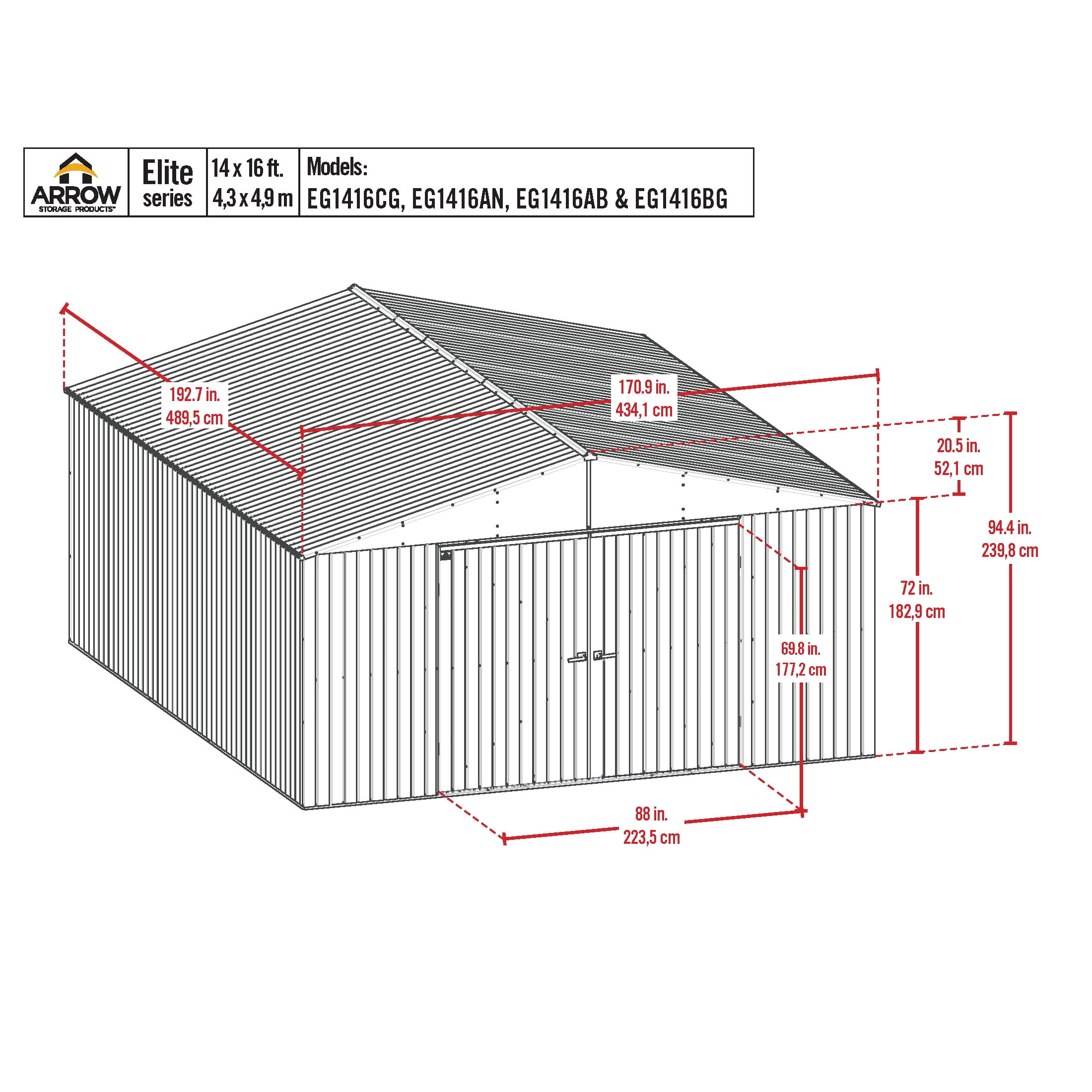 Arrow Elite Steel Storage Shed (Anthracite, 14 ft x 16 ft x 8 ft) m5tf6