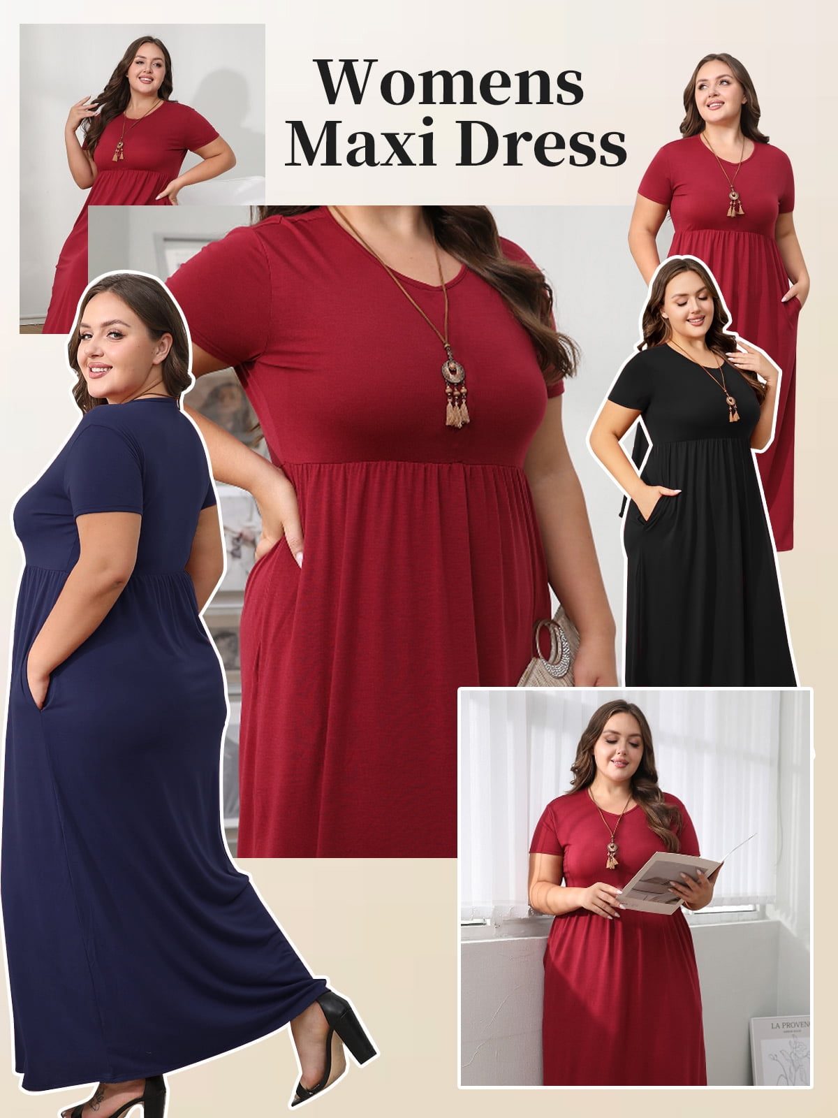 Mengpipi Women's Short Sleeve Maxi Dress Casual Loose Fit with Pockets (Navy Blue, M) 9y28z