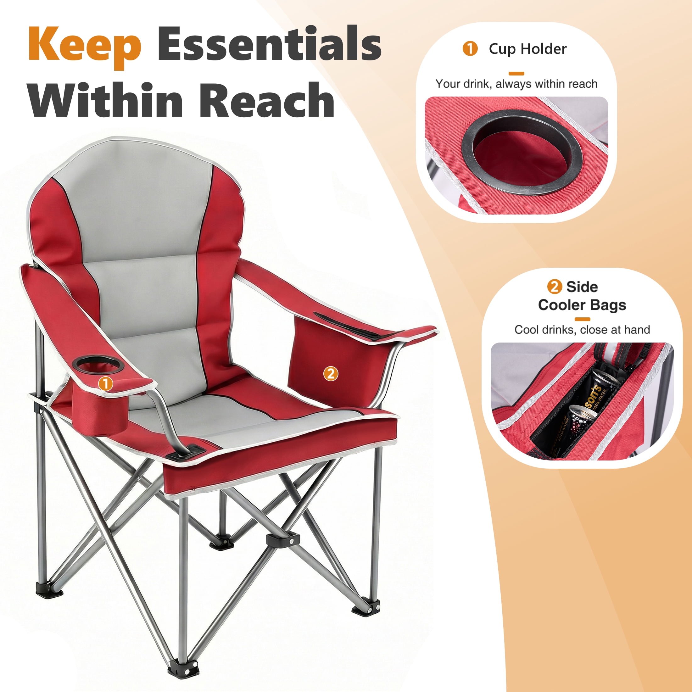 EDX Heavy Duty Camping Chair, Oversized Folding Lawn Chair with Padded High Back and Cup Holder (Red, 500 lb Capacity) rqhyo