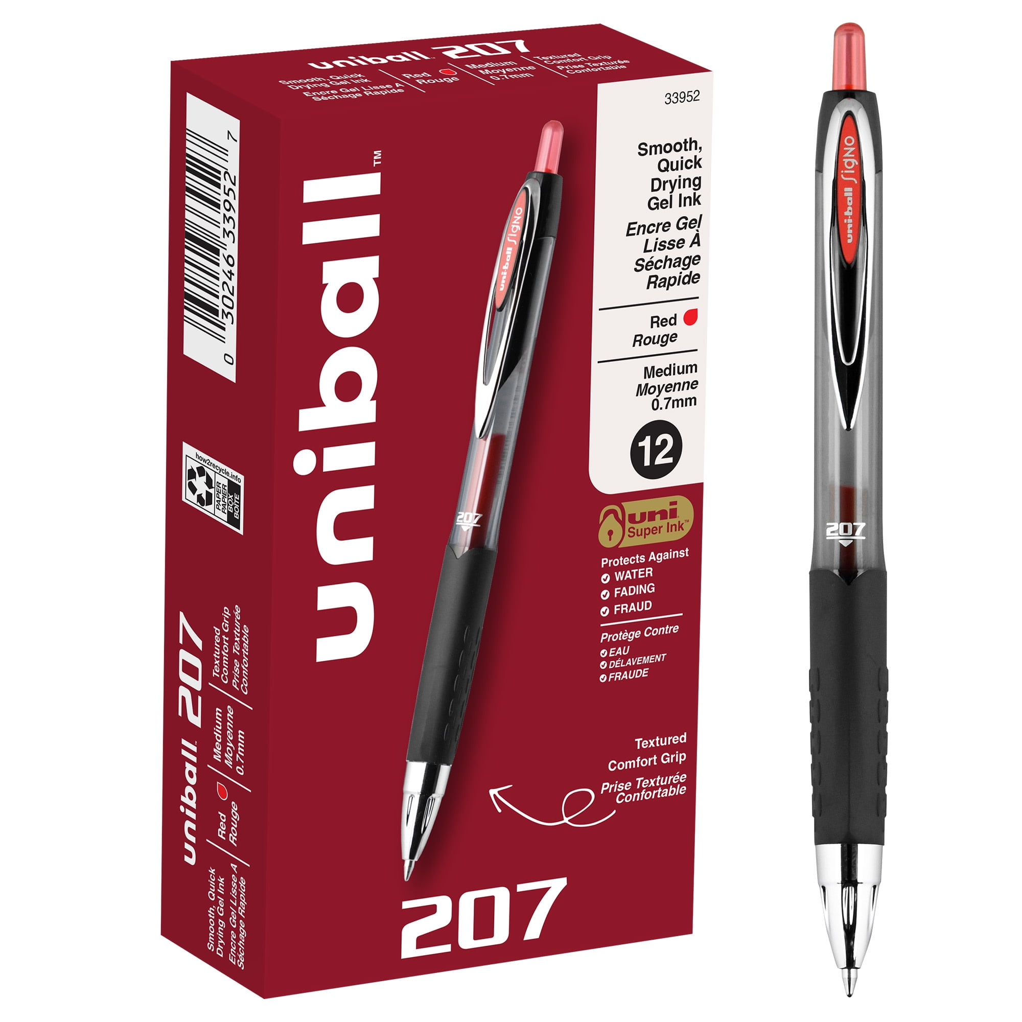 uniball 207 Retractable Gel Pens, Medium Point (0.028 in), Red, 12 Pack 5w4gh