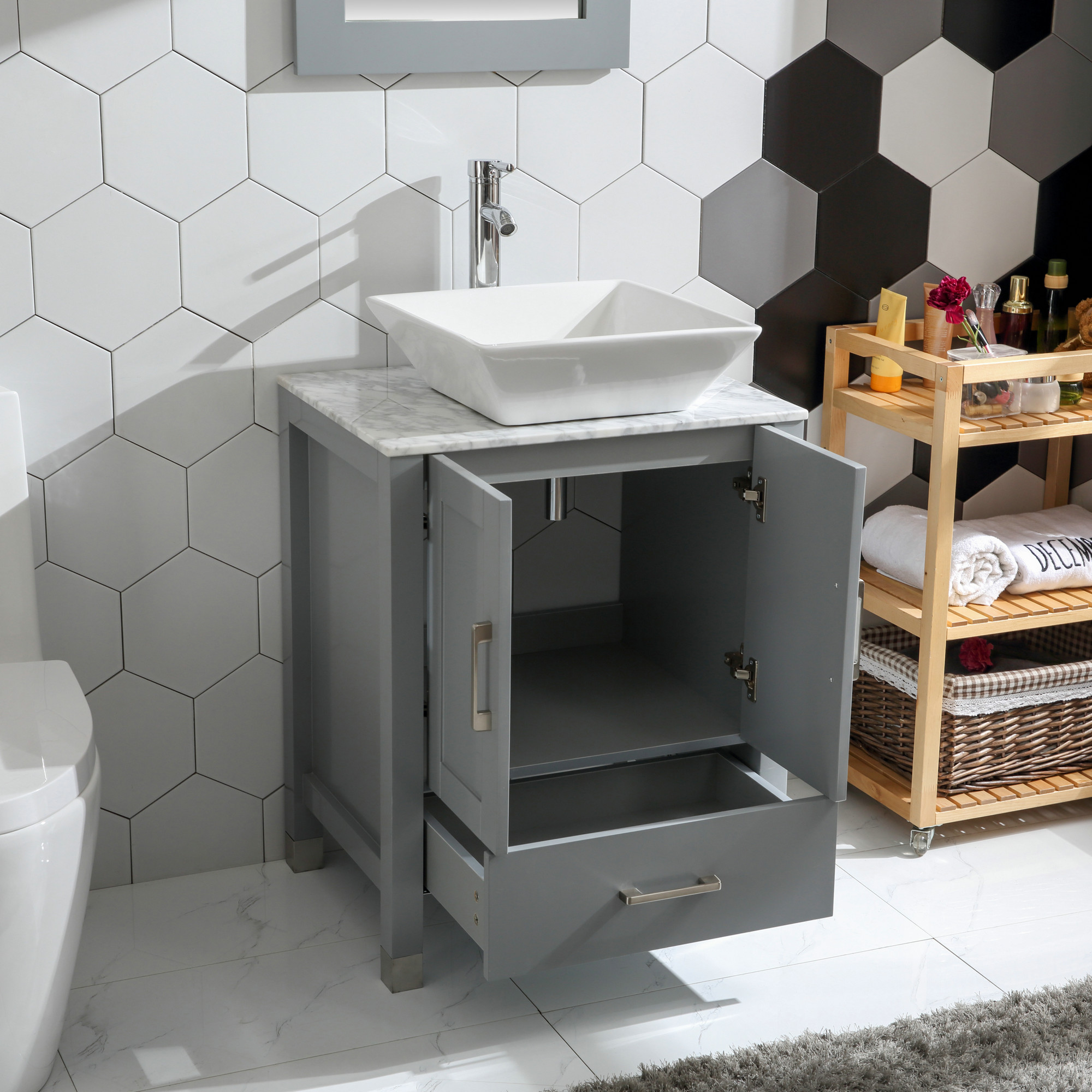 Goodyo 24 in Bathroom Vanity and Sink Combo with Marble Pattern Top, Mirror, and Faucet (Gray, 24 in) a4idm