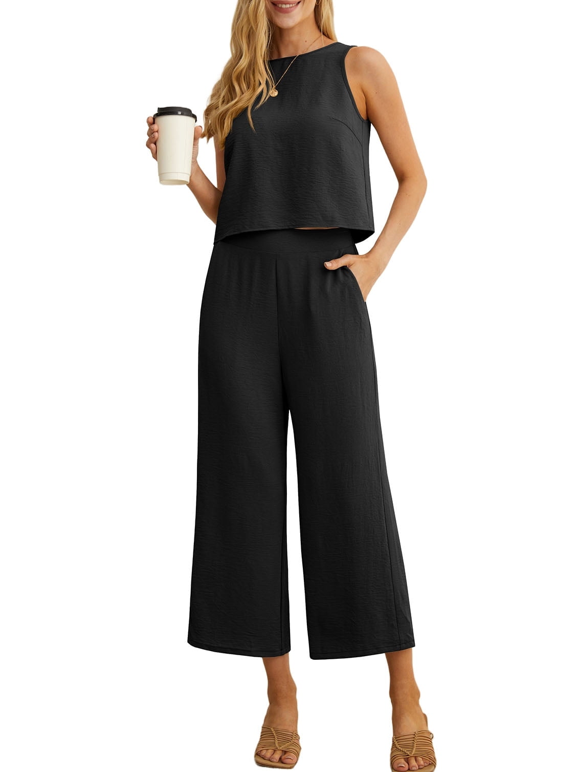 Cueply Women's Summer 2 Piece Lounge Set Sleeveless Crop Top and Wide Leg Cropped Pants (Black, M) g25z9
