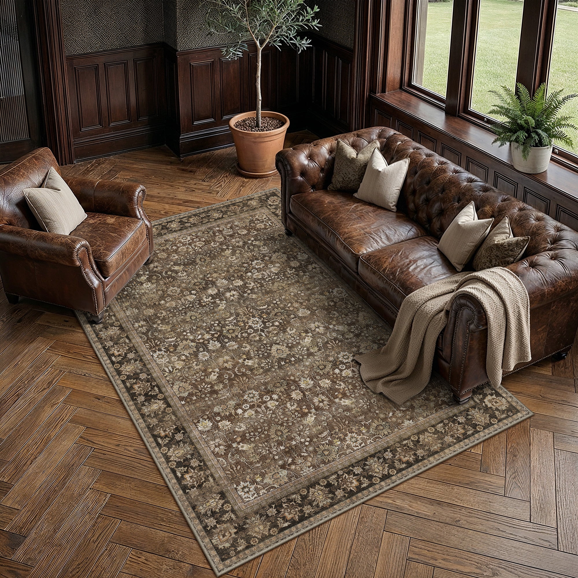 BERTHMEER Vintage Oriental Area Rug, Traditional Farmhouse Floor Carpet for Living Room and Bedroom (Brown, 5 ft x 7 ft) iqsal