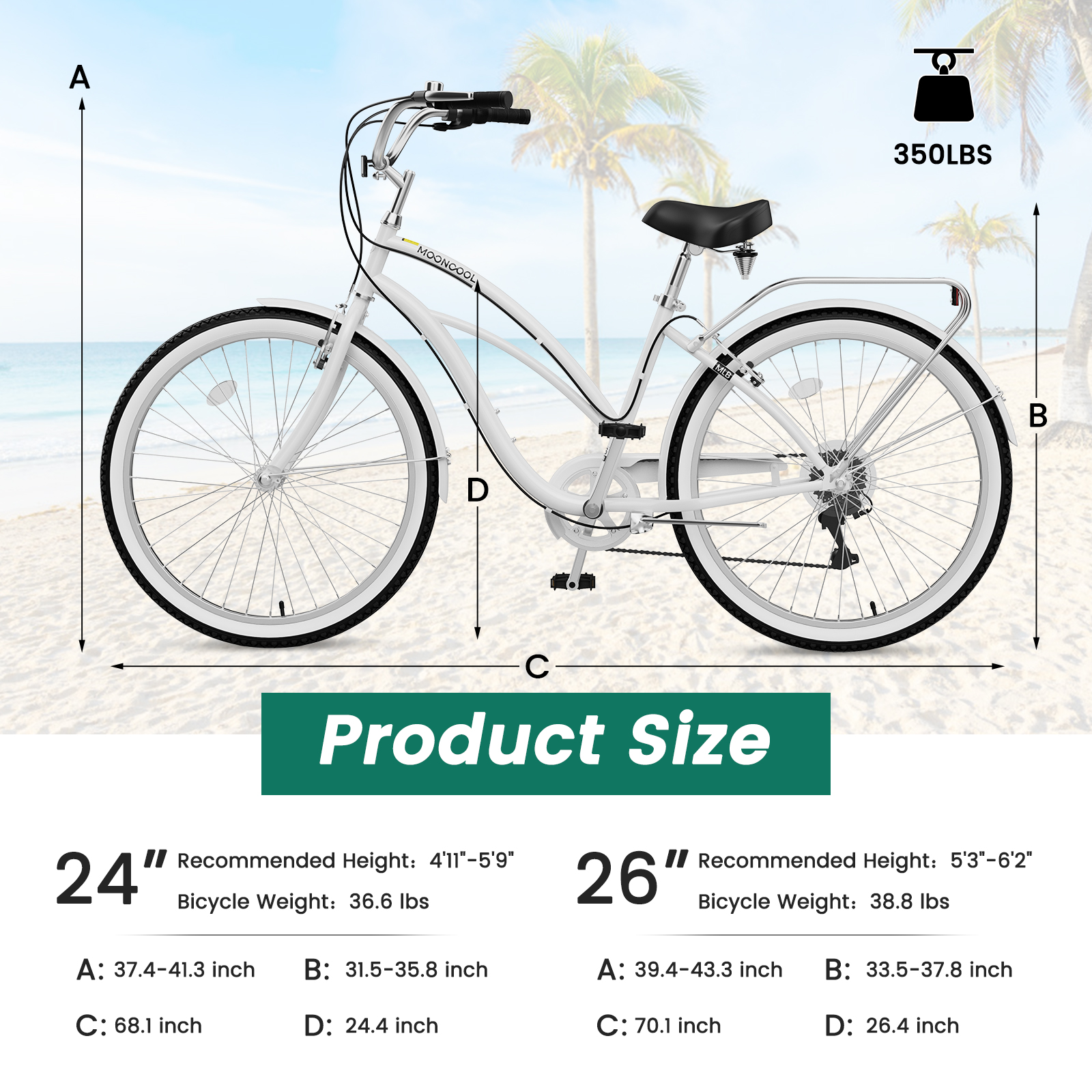 MOONCOOL 7-Speed Beach Cruiser Bike, Step-Through Frame Commuter Bicycle with Cargo Rack (White, 26 in) 89y2i