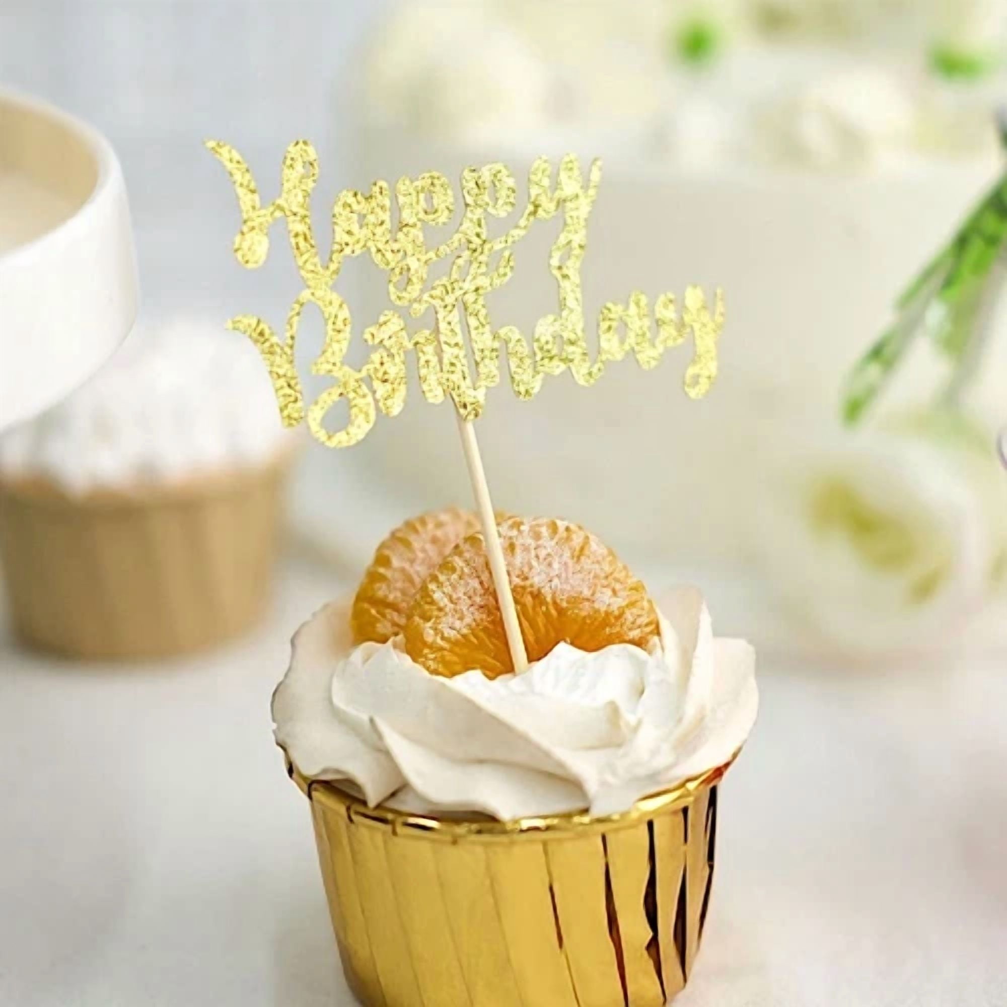 VAULT Happy Birthday Cake Cupcake Toppers Glittered Party Decorations (Gold, 24 Count) 8js29