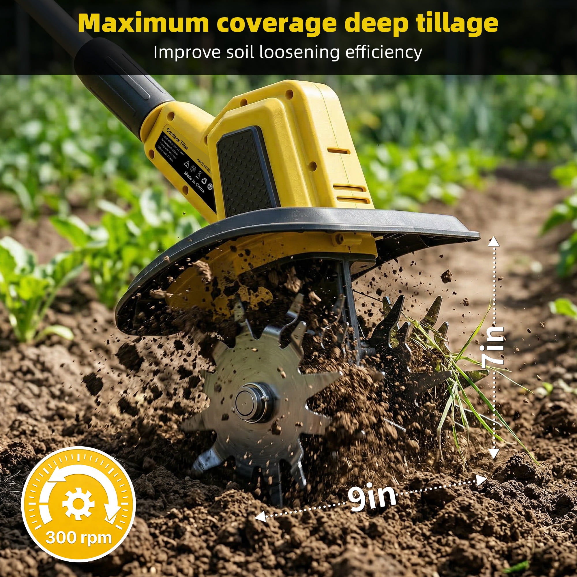 Tcisa 20V Cordless Electric Tiller, Garden Cultivator for Soil Tilling and Weeding (Yellow, 9 in Width) undlk