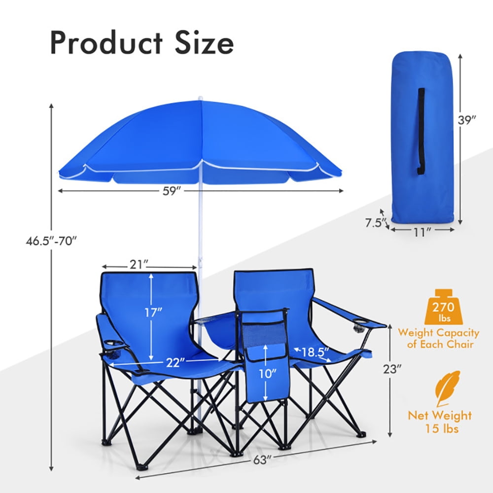 YYAo Double Folding Camping Chair with Umbrella and Cooler Bag (Blue, 2-Seat) 0x3dx