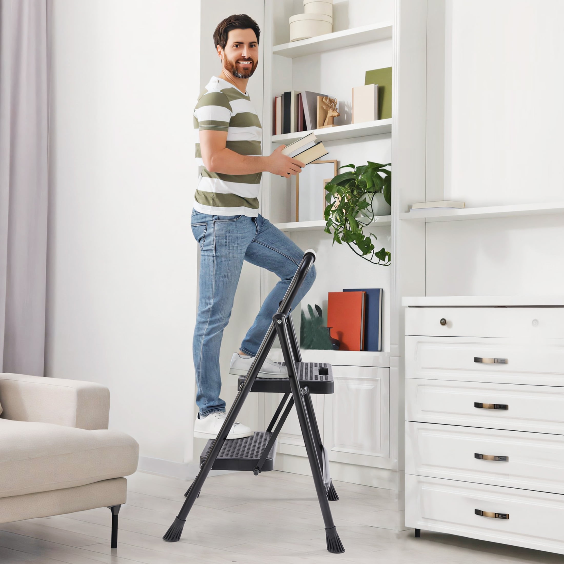 edx 2-Step Folding Ladder, Heavy-Duty Portable Step Stool with Anti-Slip Pedals (Black, 800 lb Capacity) 77dk3