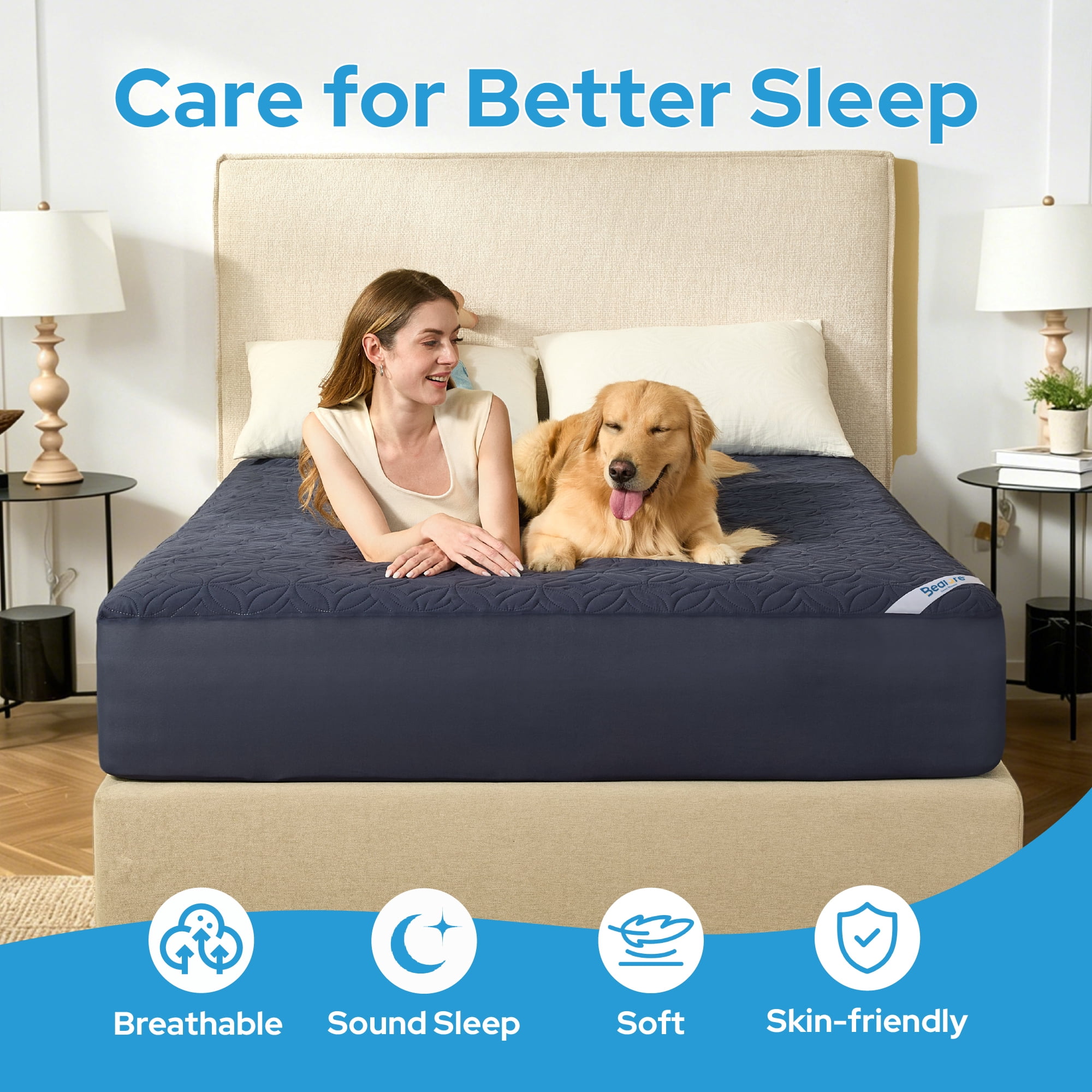 BEDLORE Waterproof Mattress Protector, Breathable Fitted Mattress Pad Cover, Soft Hypoallergenic Microfiber (Navy Blue, Queen Size) pn1gn