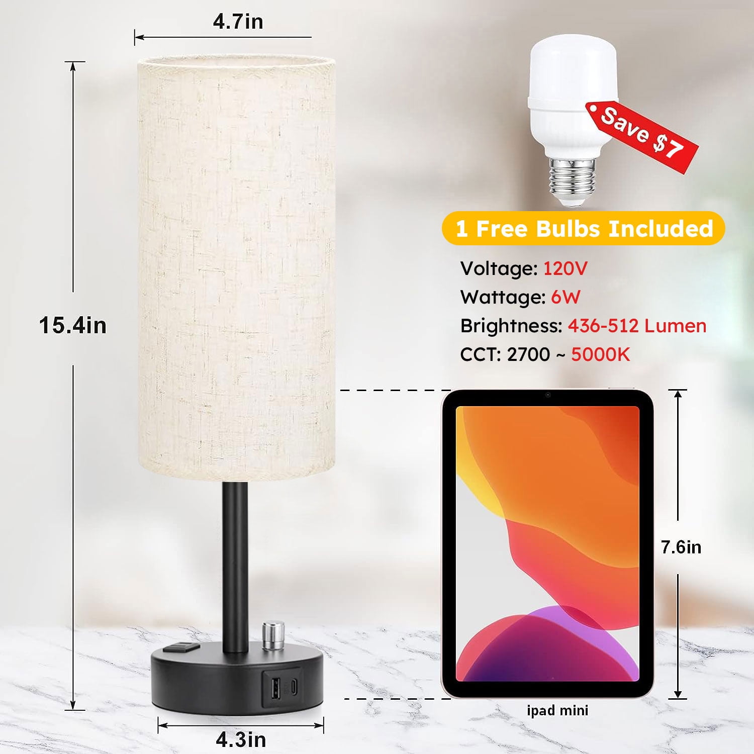 HadinEEon Bedside Table Lamp, Dimmable Industrial Desk Light with USB C&A Charging Ports and AC Outlet (Black, 15 in) wnrvo