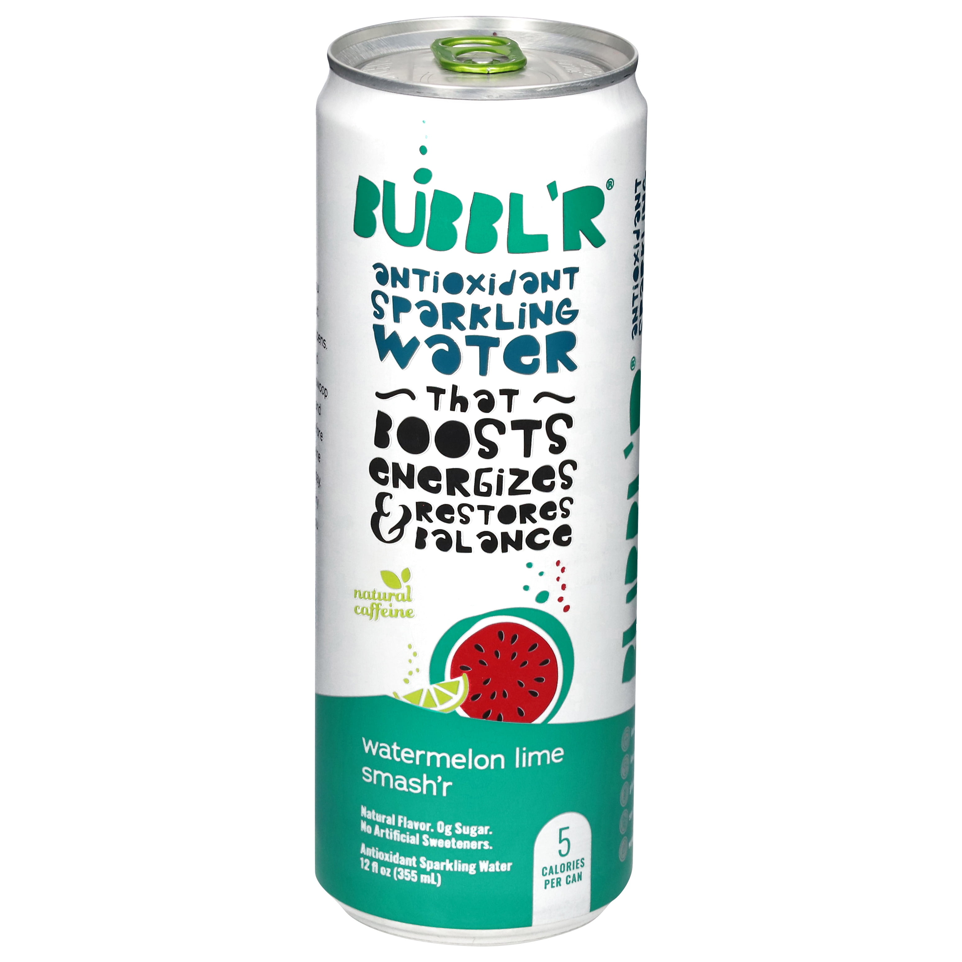 BUBBL'R Antioxidant Sparkling Water, Watermelon Lime Smash'r, Refreshing Natural Energy Drink (12 fl oz, 6 Pack) ubref