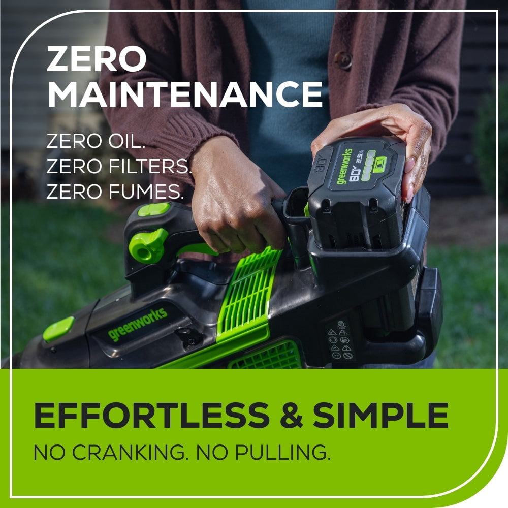 Greenworks 80V Cordless Leaf Blower with 4Ah Battery and Charger (800 CFM, 200 MPH, 10 lb) yc7q7