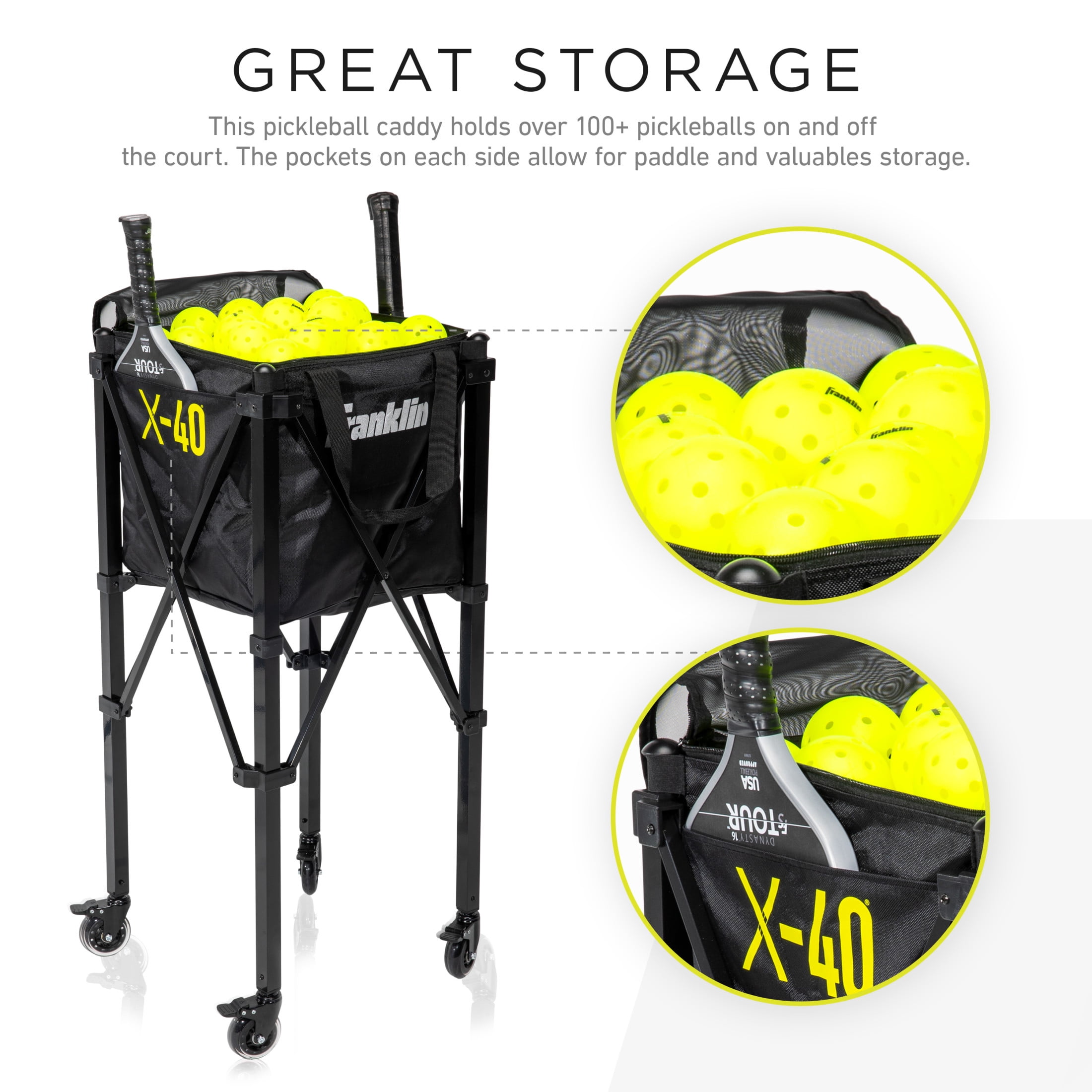 Franklin Sports Portable Pickleball Hopper with Detachable Carry Bag and Wheels (Black, 38 in x 15 in x 15 in) ethmk